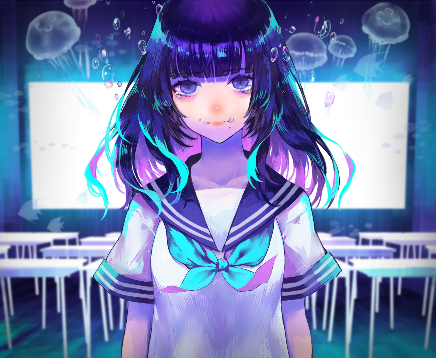 Anime girl with multi-colored hair in a classroom HD Wallpaper