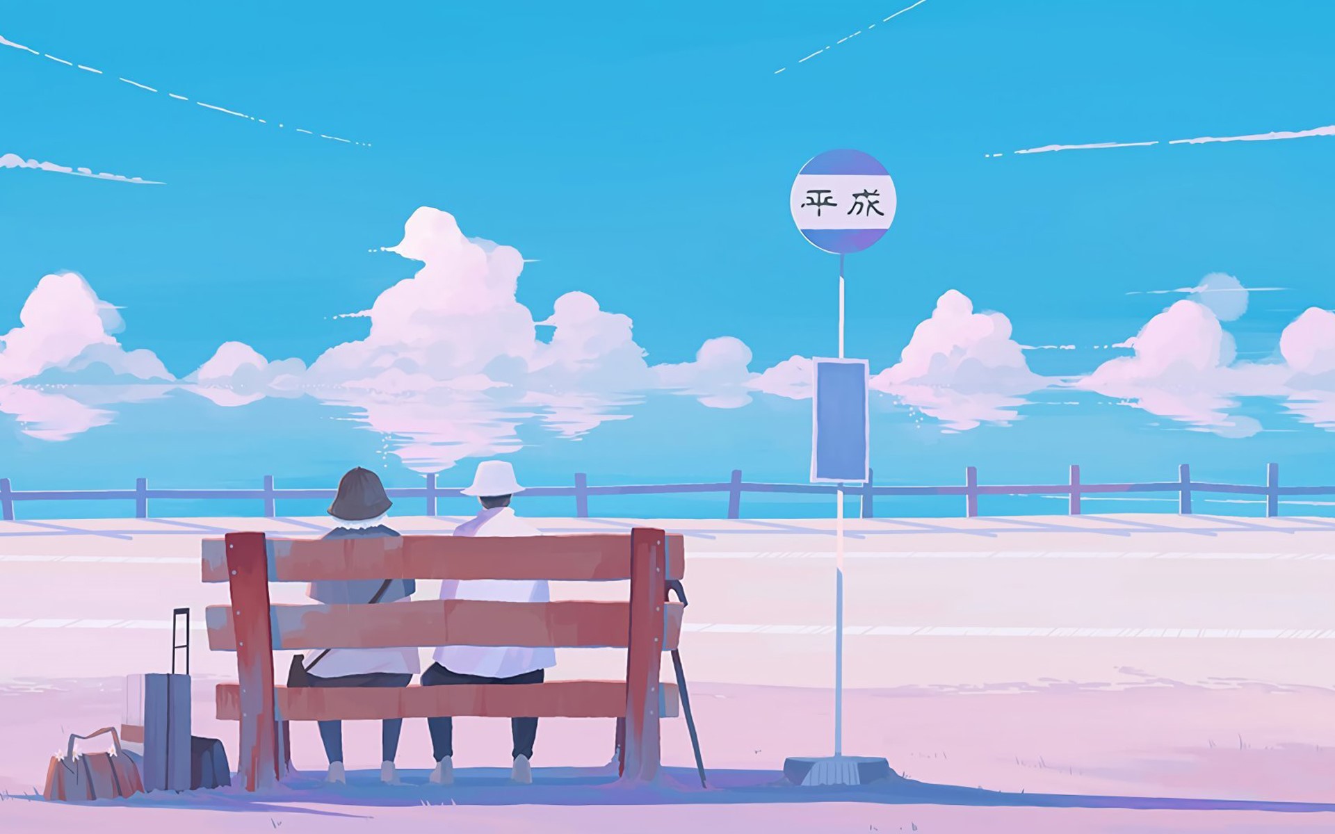 Two people sitting on a bench at a bus stop HD Wallpaper