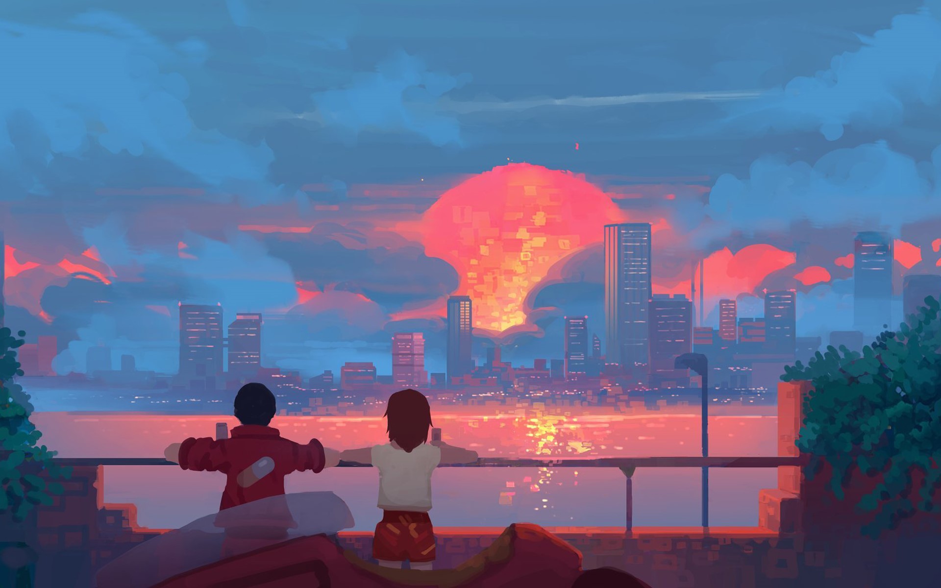 Anime artwork of a cityscape at dawn HD Wallpaper