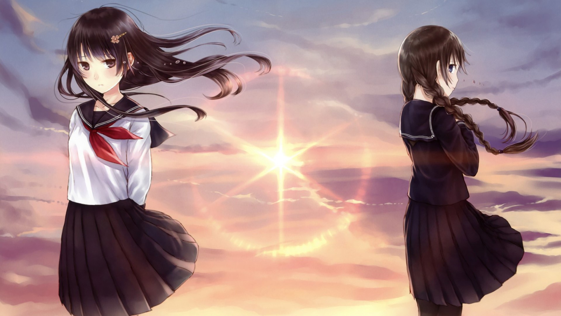 Two anime girls in school uniforms at sunset HD Wallpaper