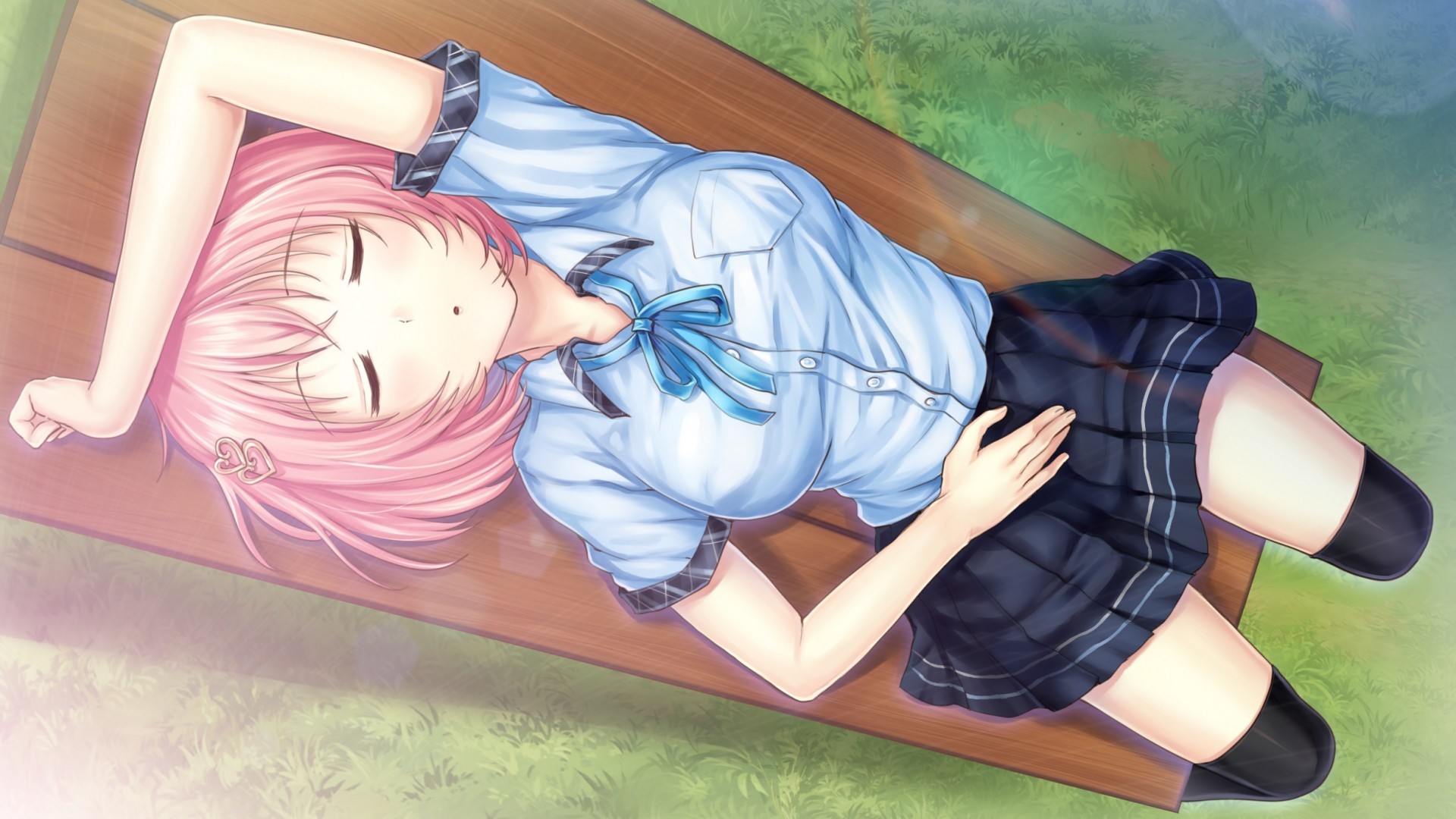 Anime girl with pink hair lying on a bench HD Wallpaper