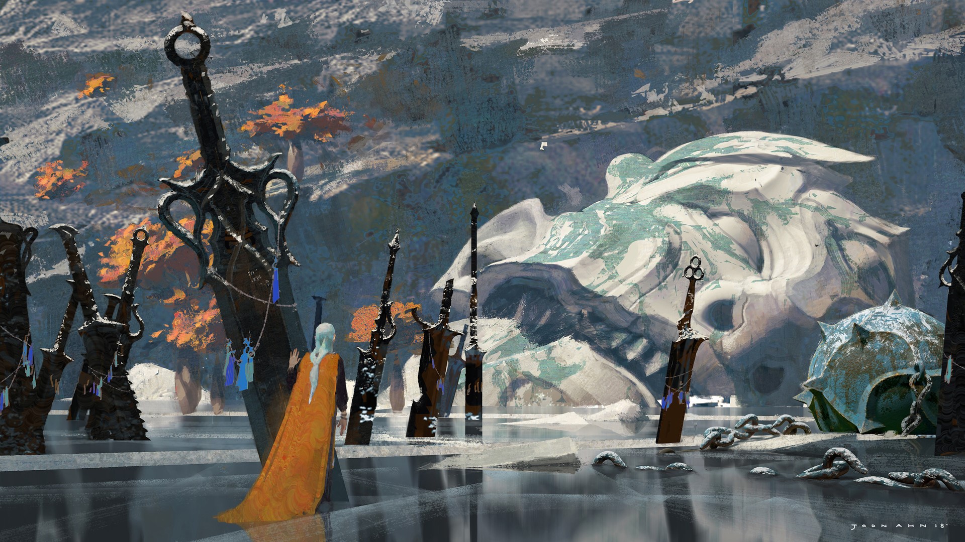 Fantasy art of a frozen lake with swords and a statue HD Wallpaper