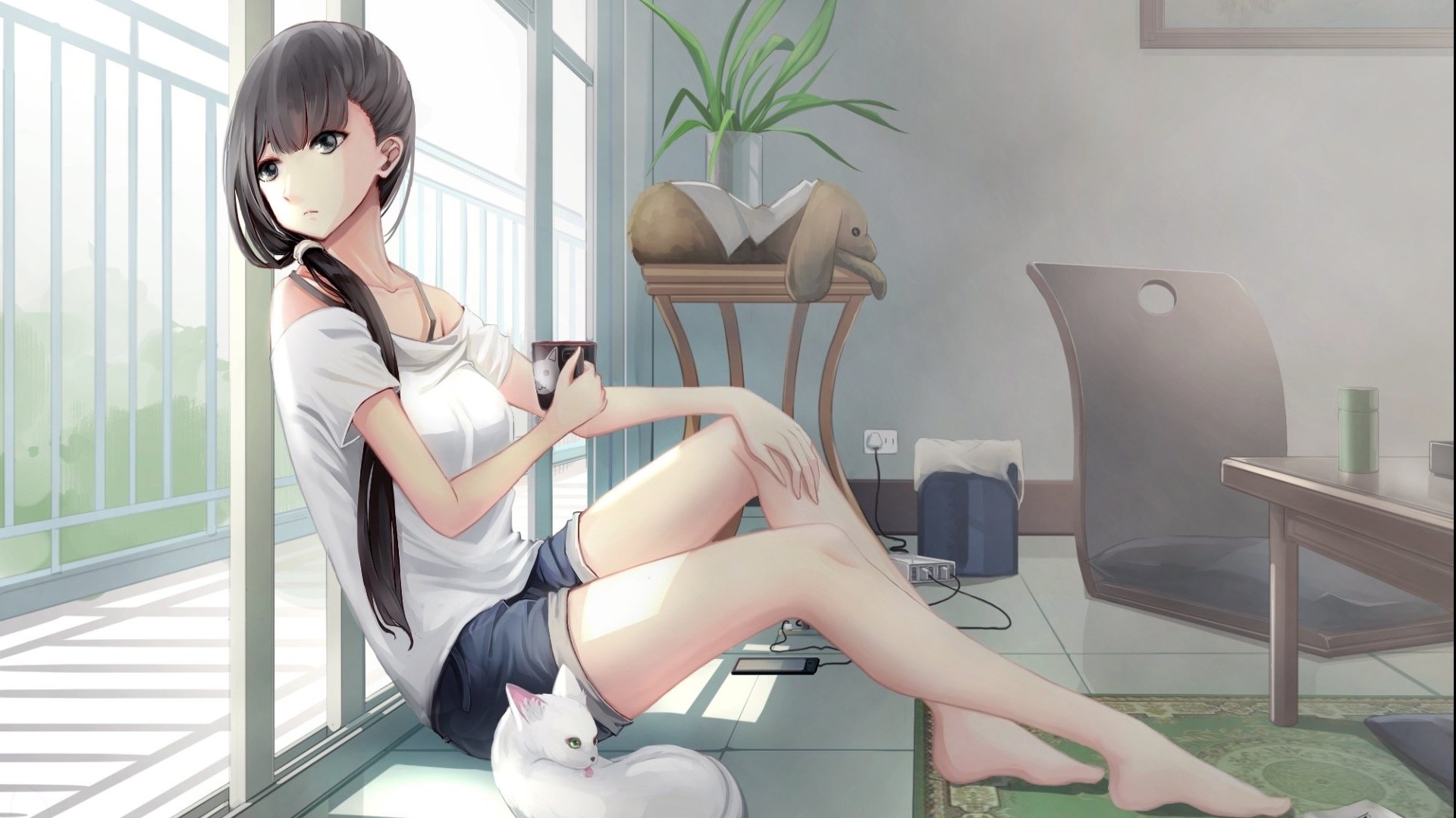 Relaxing Moment with Anime Girl and Cat HD Wallpaper
