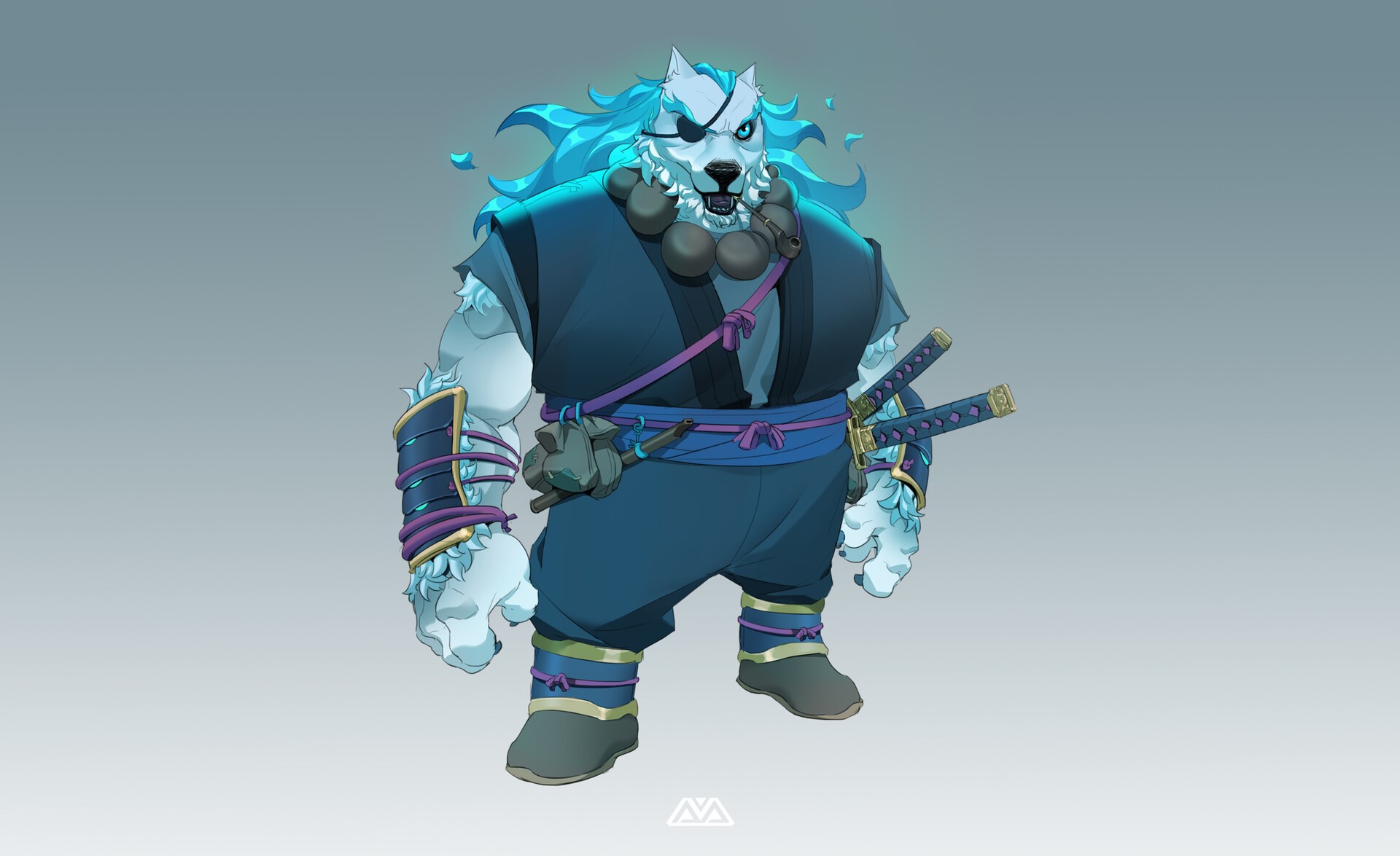 Wolf samurai with blue hair and swords HD Wallpaper