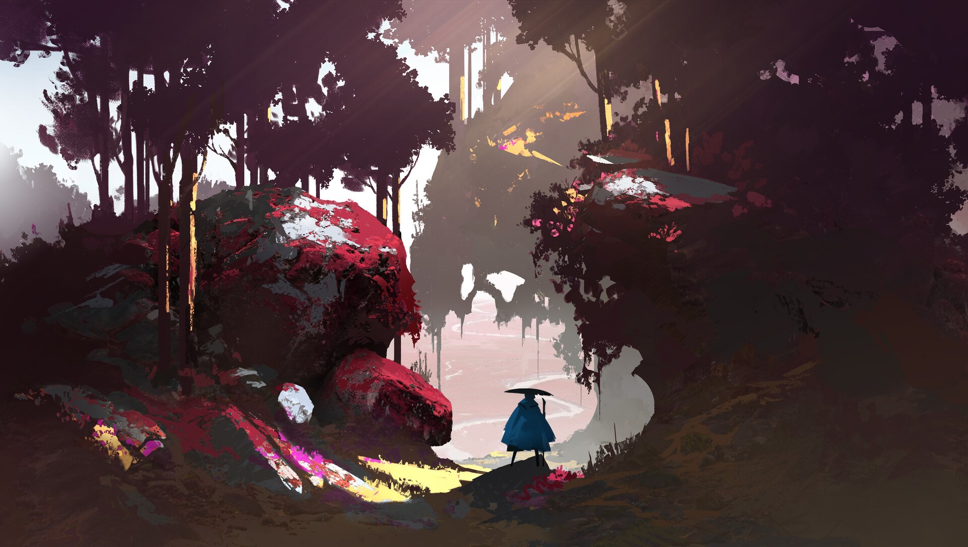 Figure in blue cloak in a surreal forest with red rocks HD Wallpaper