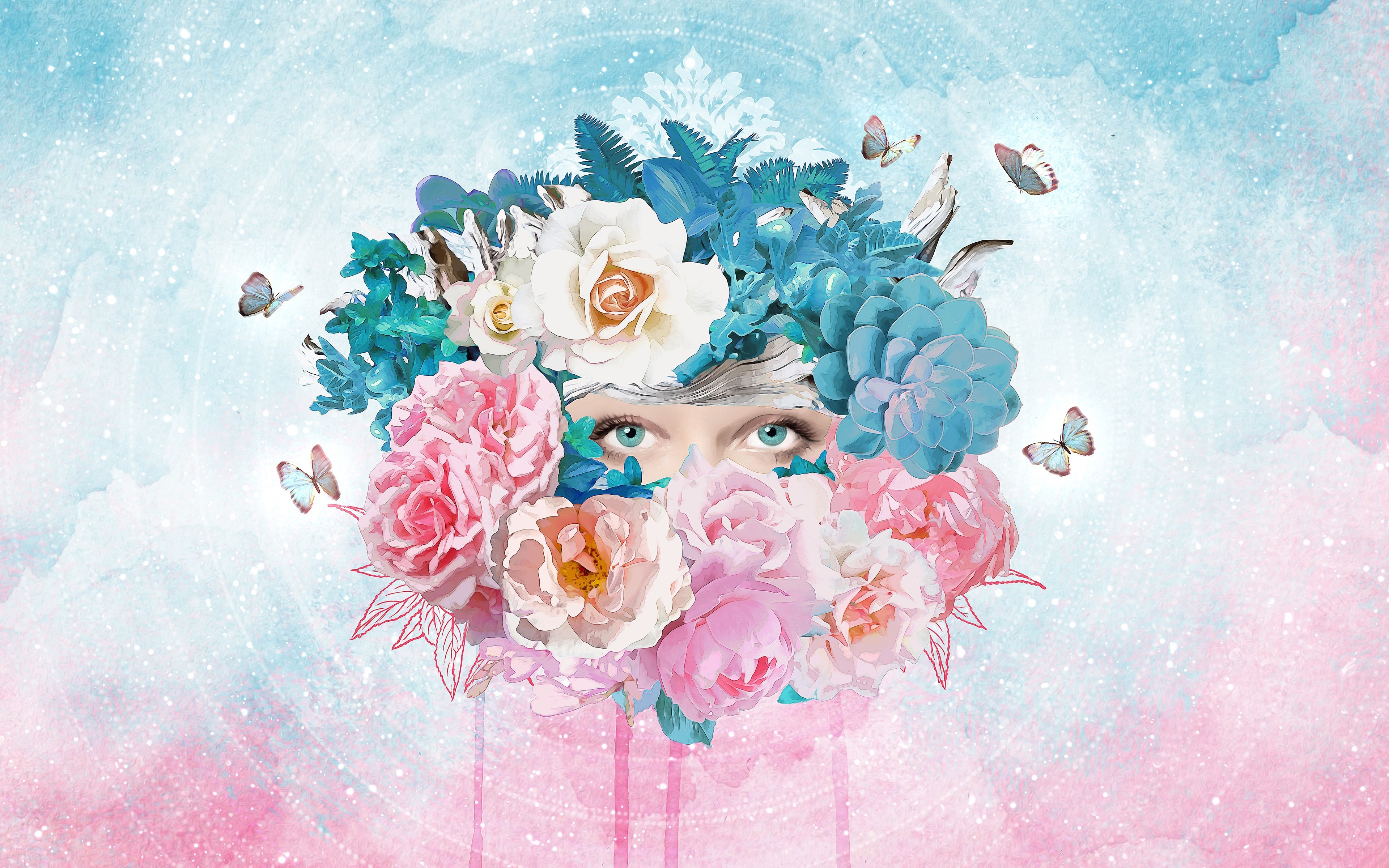 4K artwork of eyes peeking through flowers and butterflies HD Wallpaper