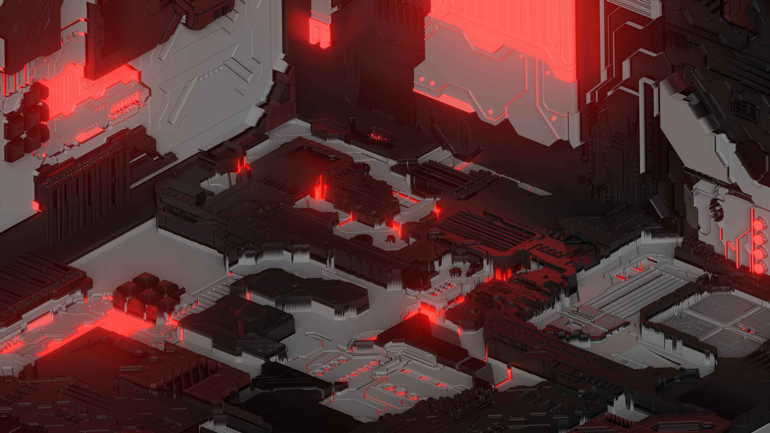 3D abstract circuit board with red glowing elements HD Wallpaper