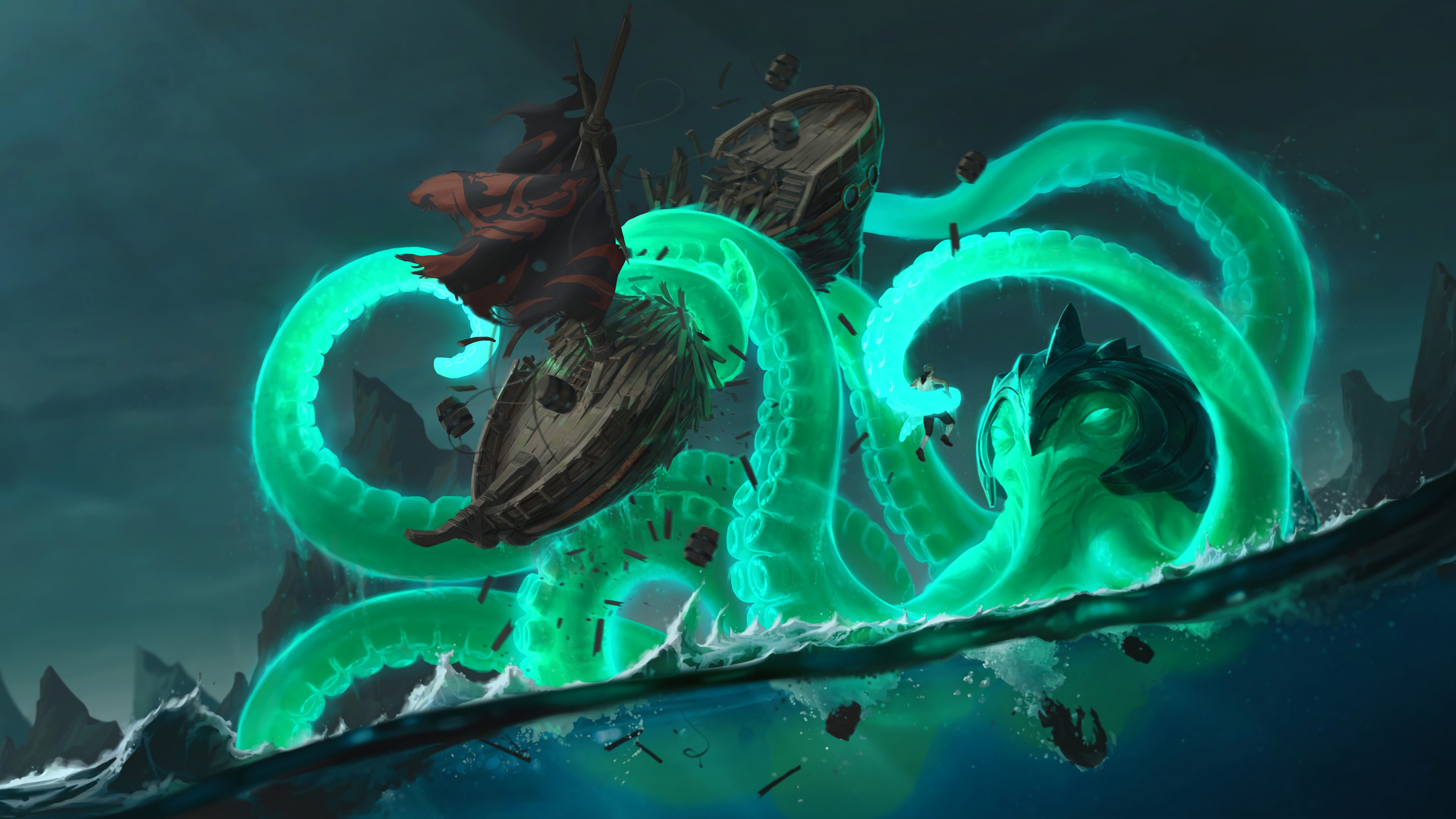 4K Legends of Runeterra Kraken attacking ships HD Wallpaper