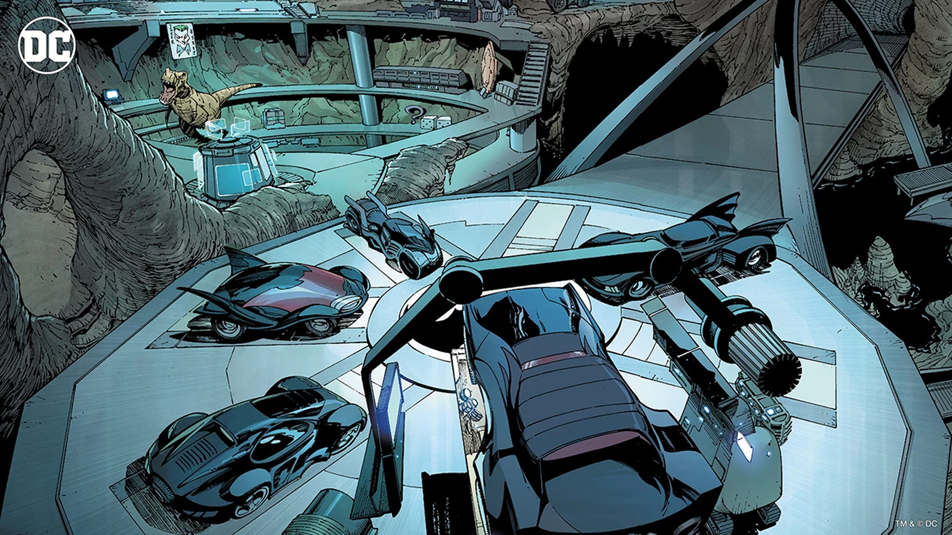 Batcave with Batmobiles and a Dinosaur HD Wallpaper