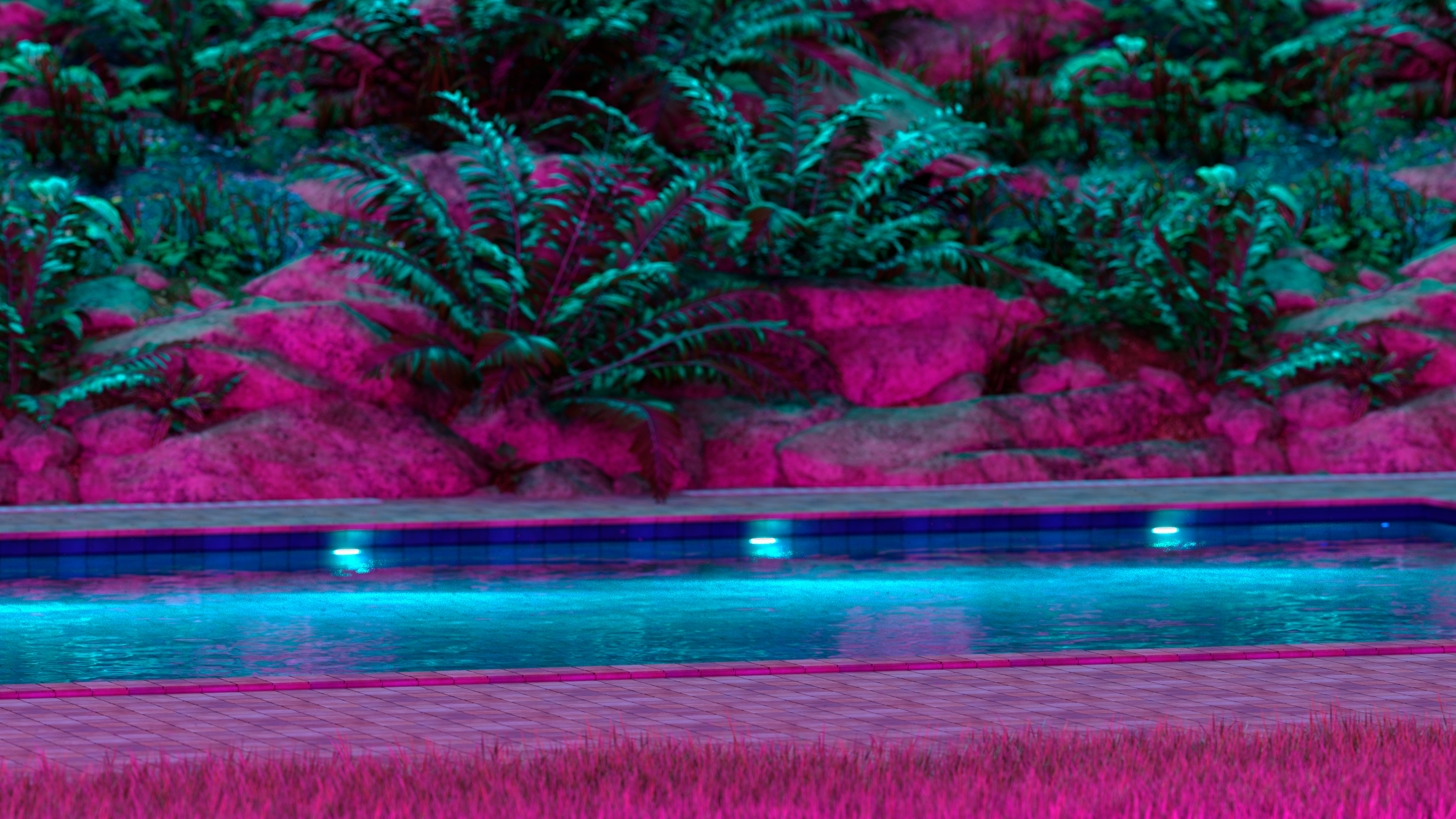 Swimming pool with neon lights and plants HD Wallpaper