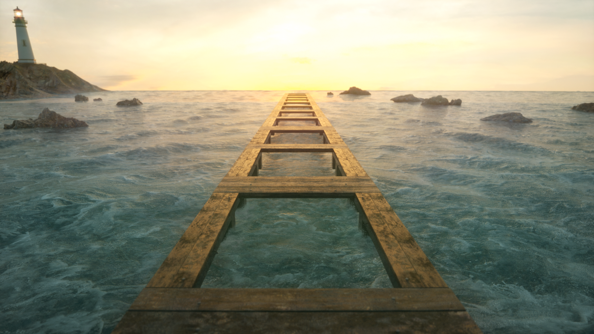 Wooden pier leading to a lighthouse at sunset HD Wallpaper