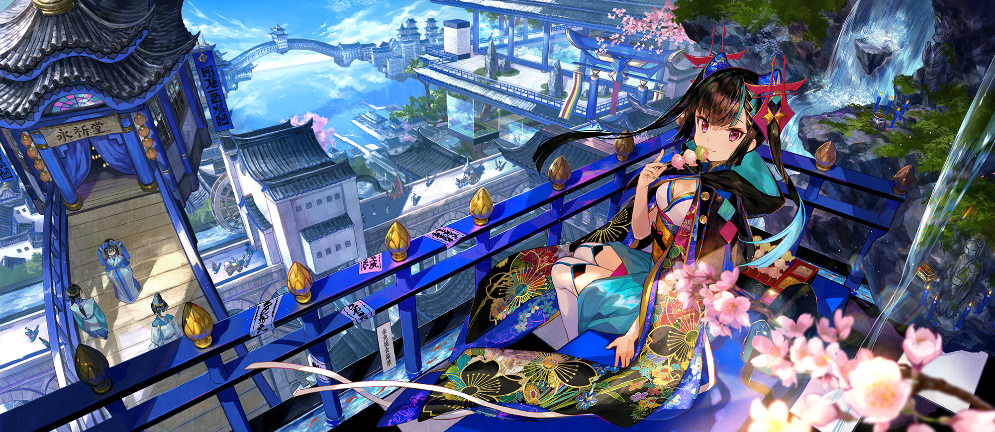 Anime girl with twintails in a fantasy city HD Wallpaper