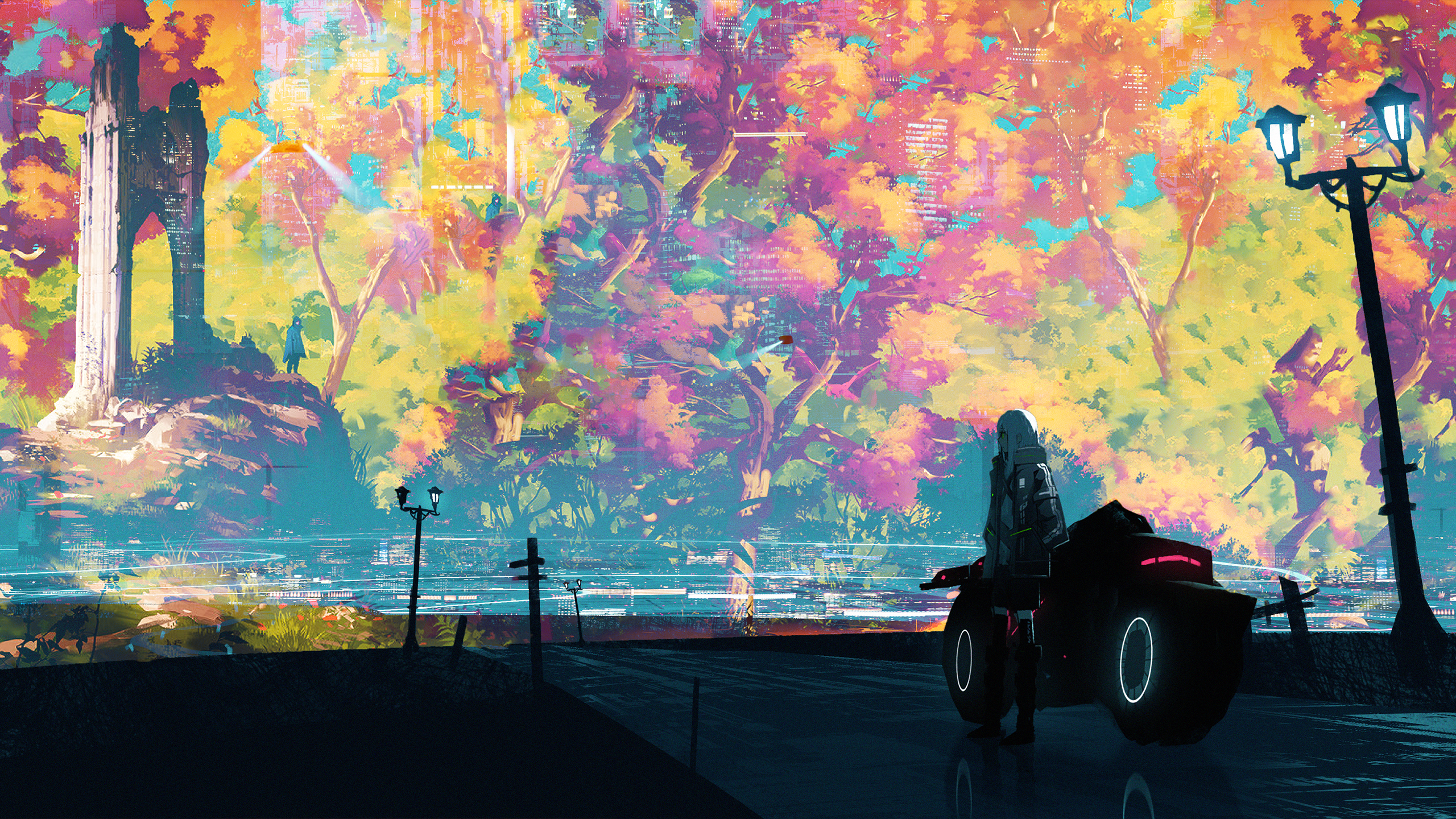 Futuristic figure on a motorcycle in a colorful digital landscape HD Wallpaper