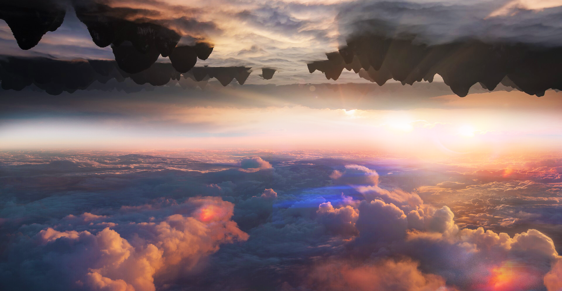 Floating islands in the sky at sunset HD Wallpaper