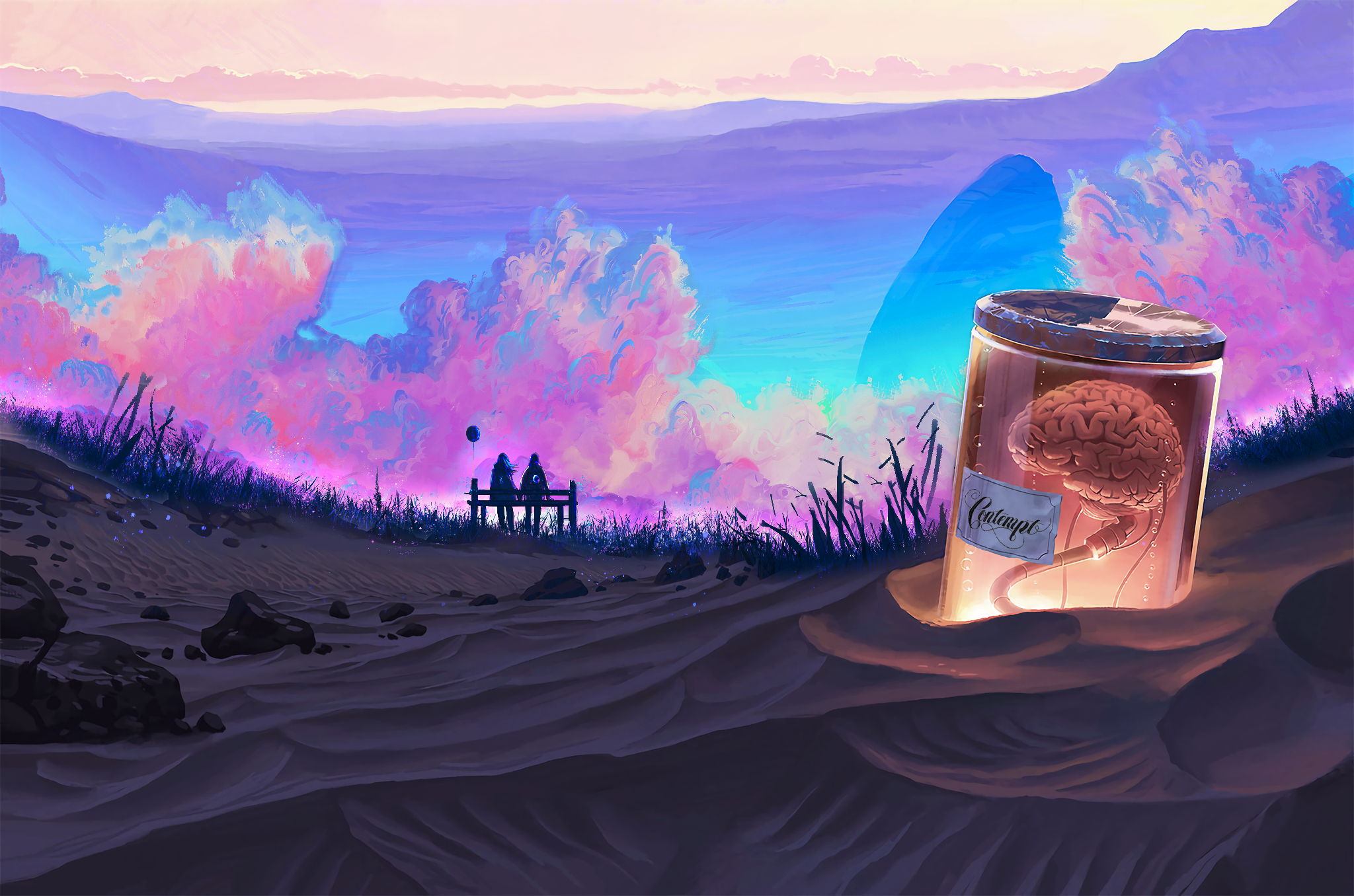 Couple on bench in desert with brain in a jar HD Wallpaper