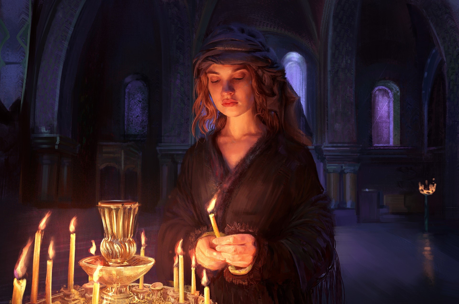 Fantasy girl praying with candles in a dark church HD Wallpaper