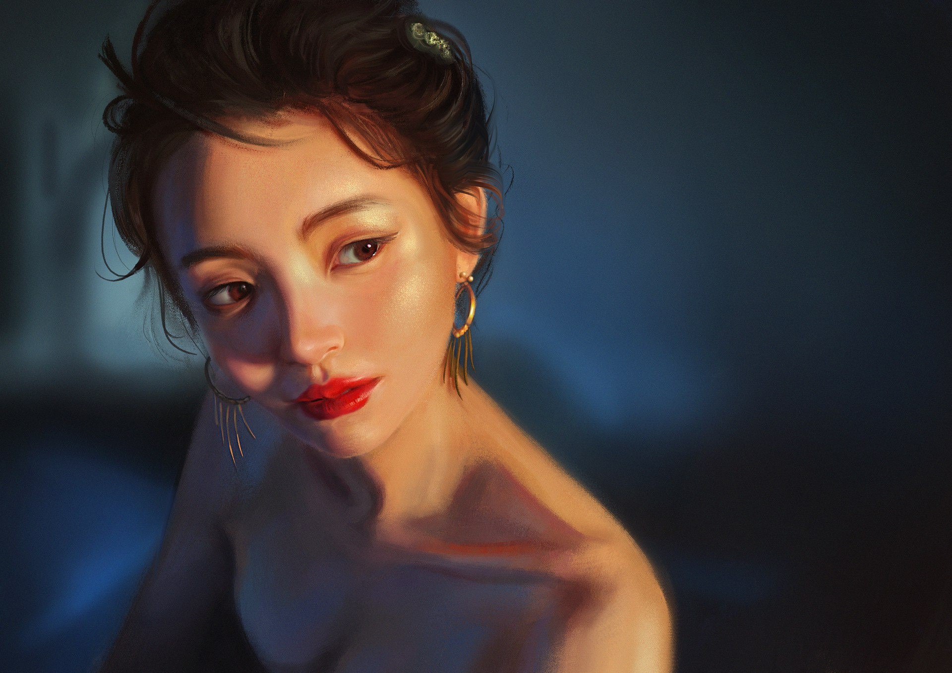 Artwork of a woman with red lipstick and earrings HD Wallpaper