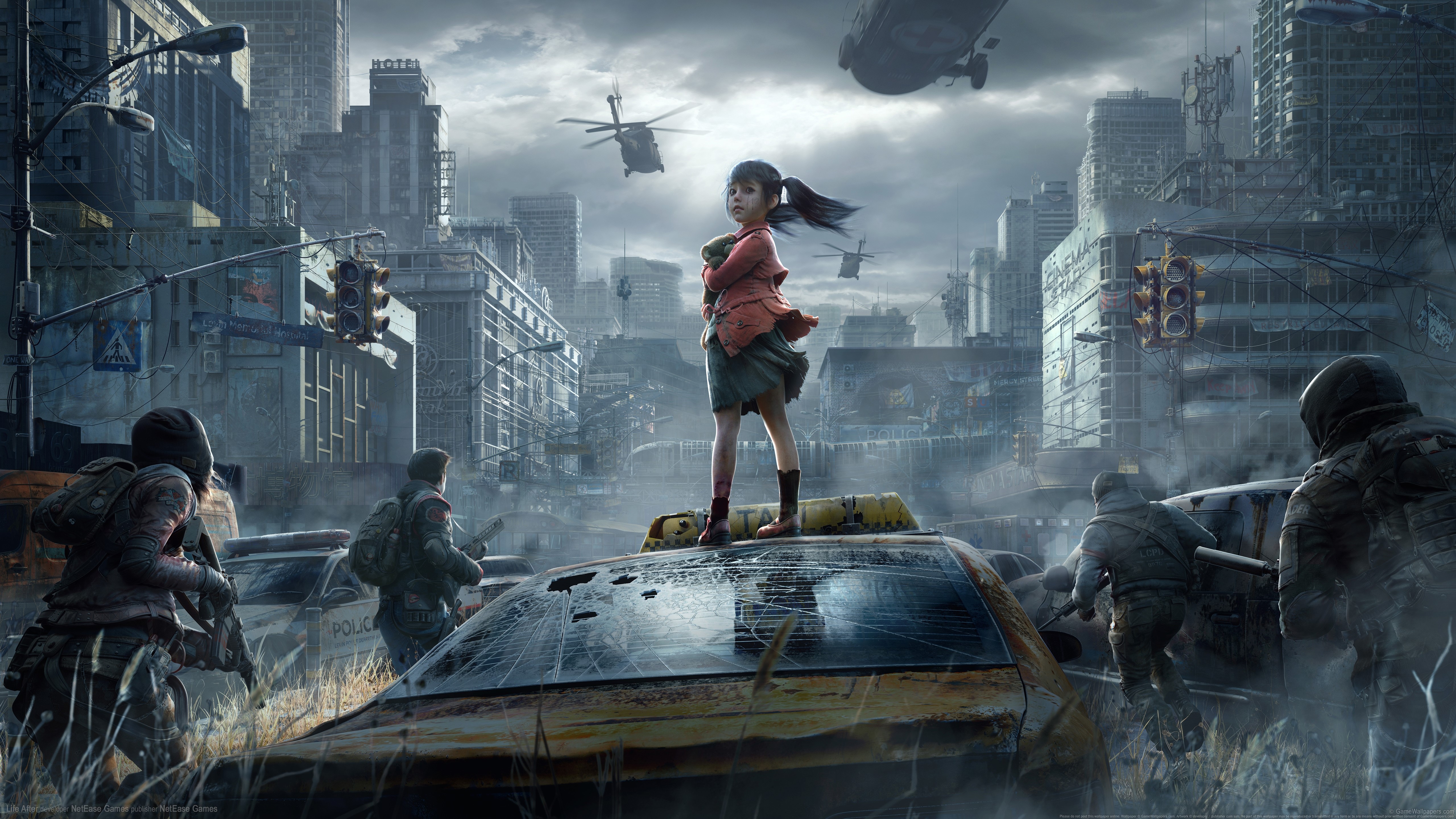 Girl in a post-apocalyptic city with helicopters HD Wallpaper