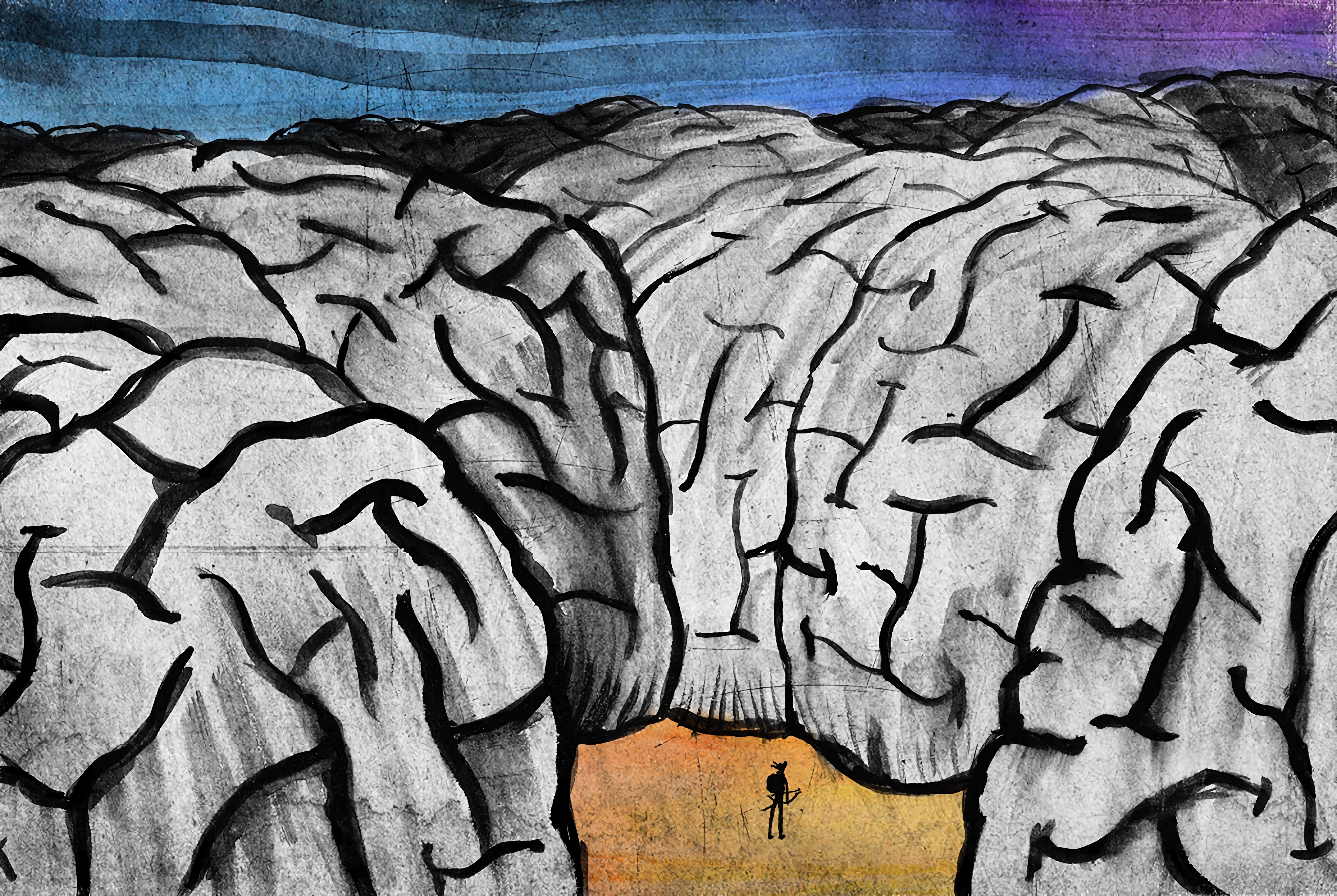Artwork of a figure in a surreal landscape HD Wallpaper