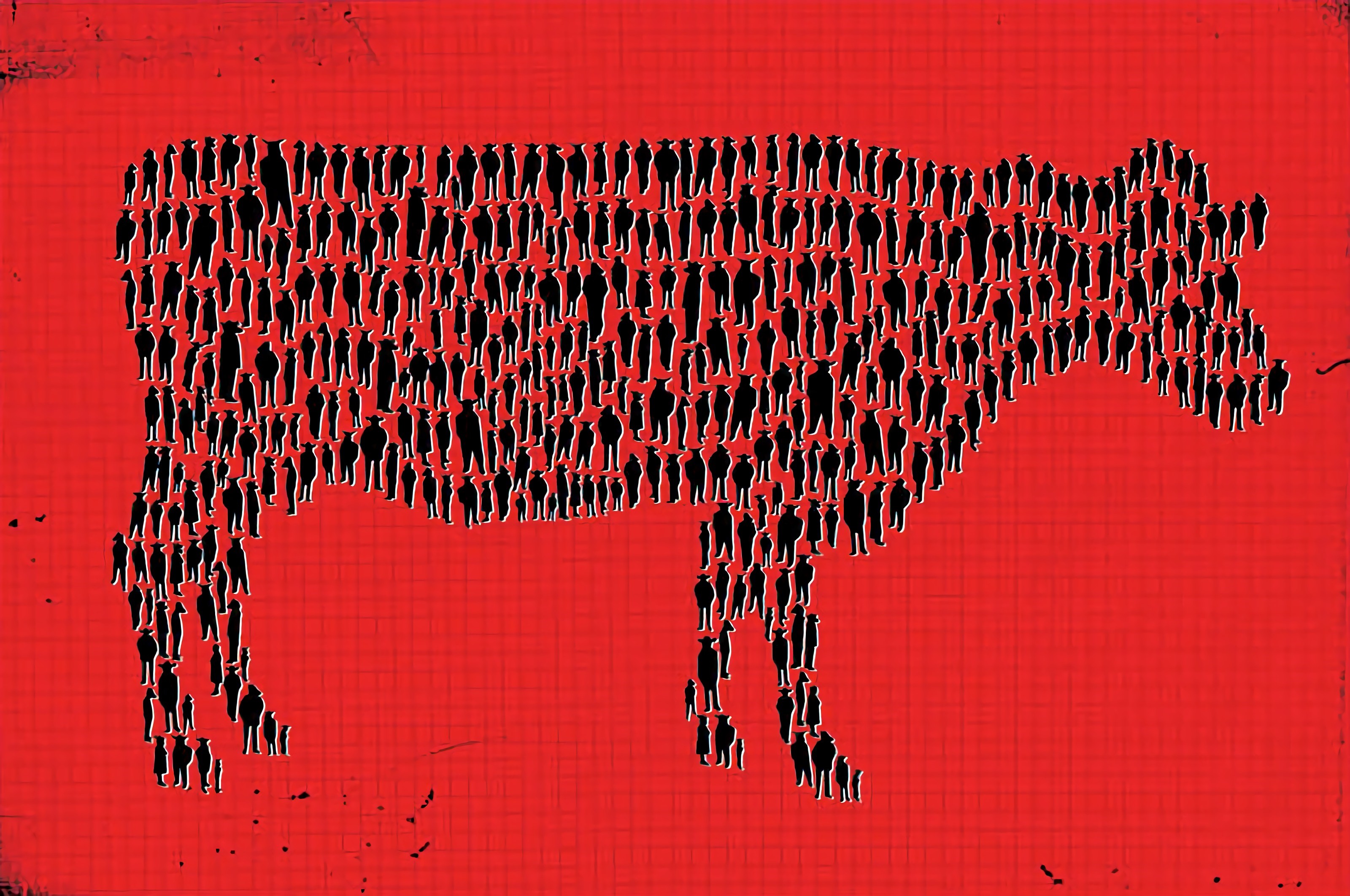 Cow made of people, red background HD Wallpaper
