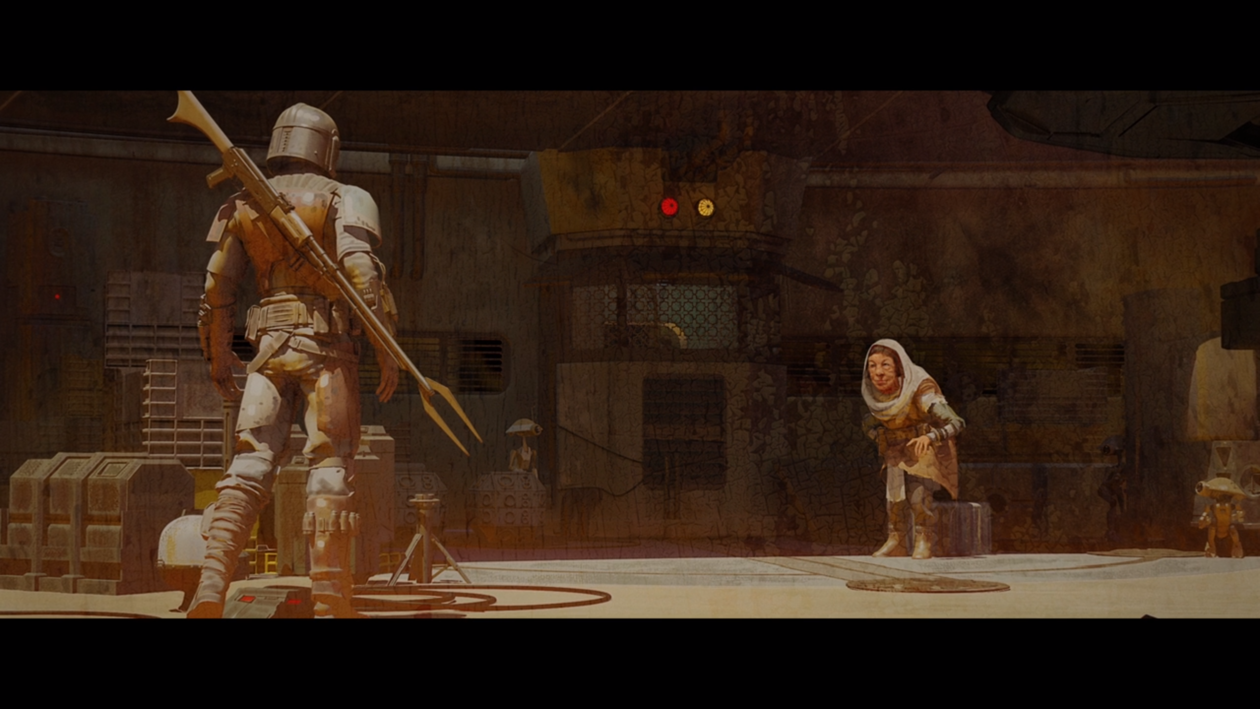 The Mandalorian and Grogu in a dusty interior HD Wallpaper