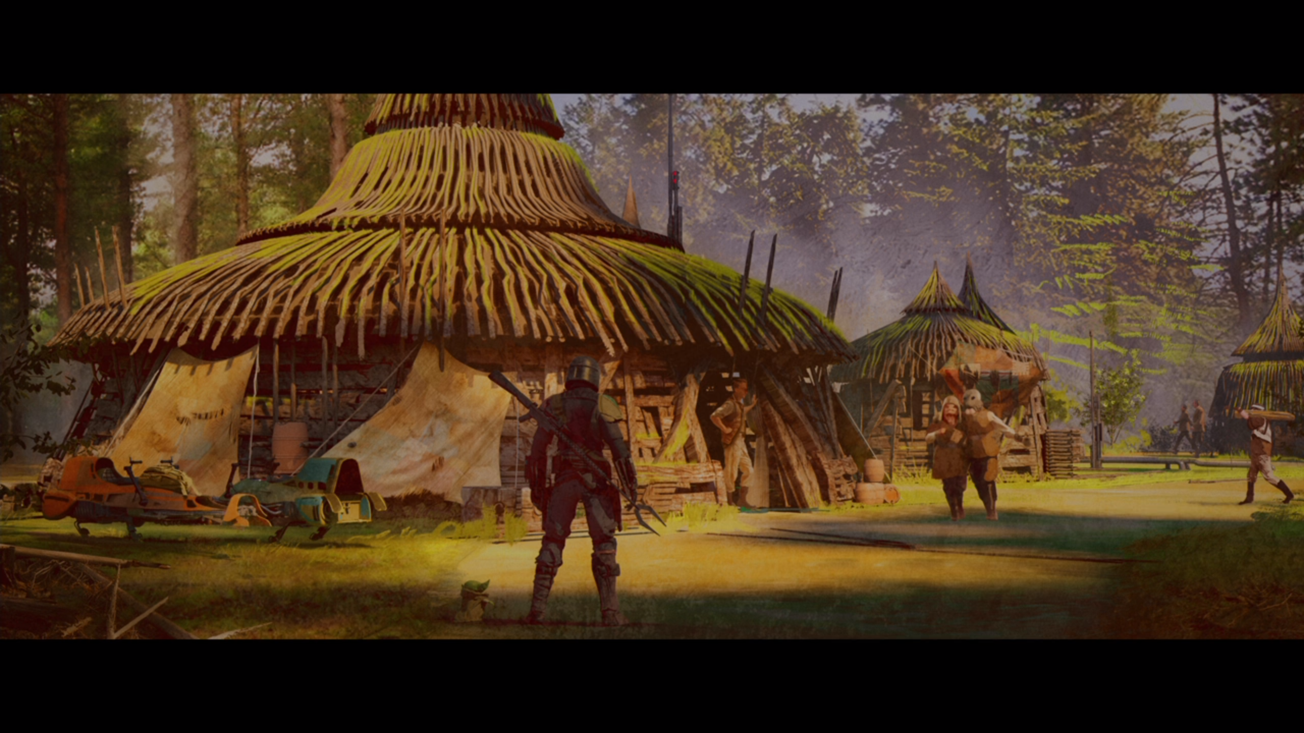 The Mandalorian and Grogu in a village HD Wallpaper
