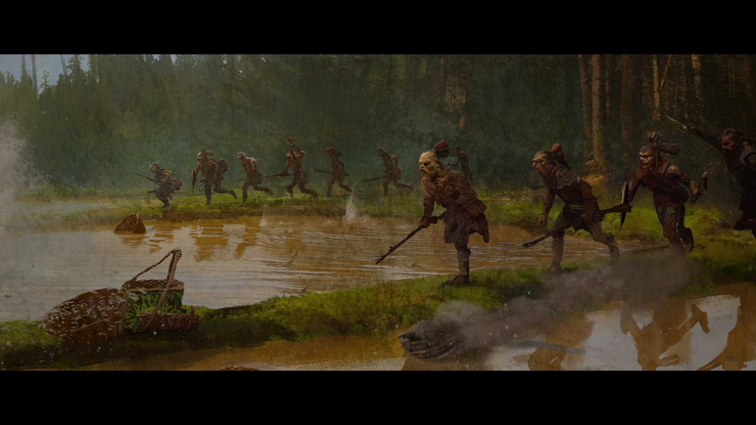 Orcs running through a forest by a lake HD Wallpaper