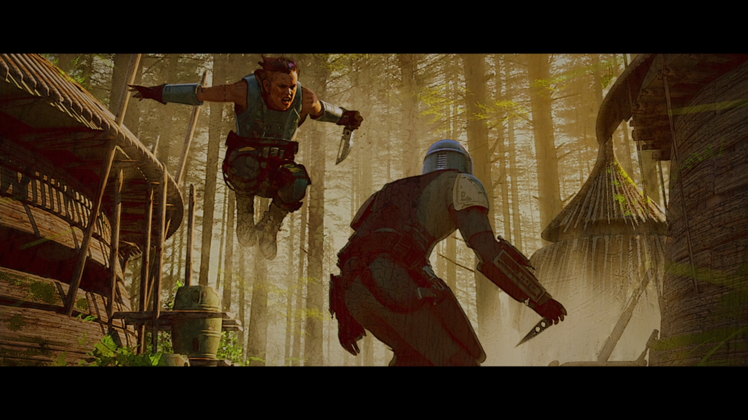 The Mandalorian fighting in a forest village HD Wallpaper