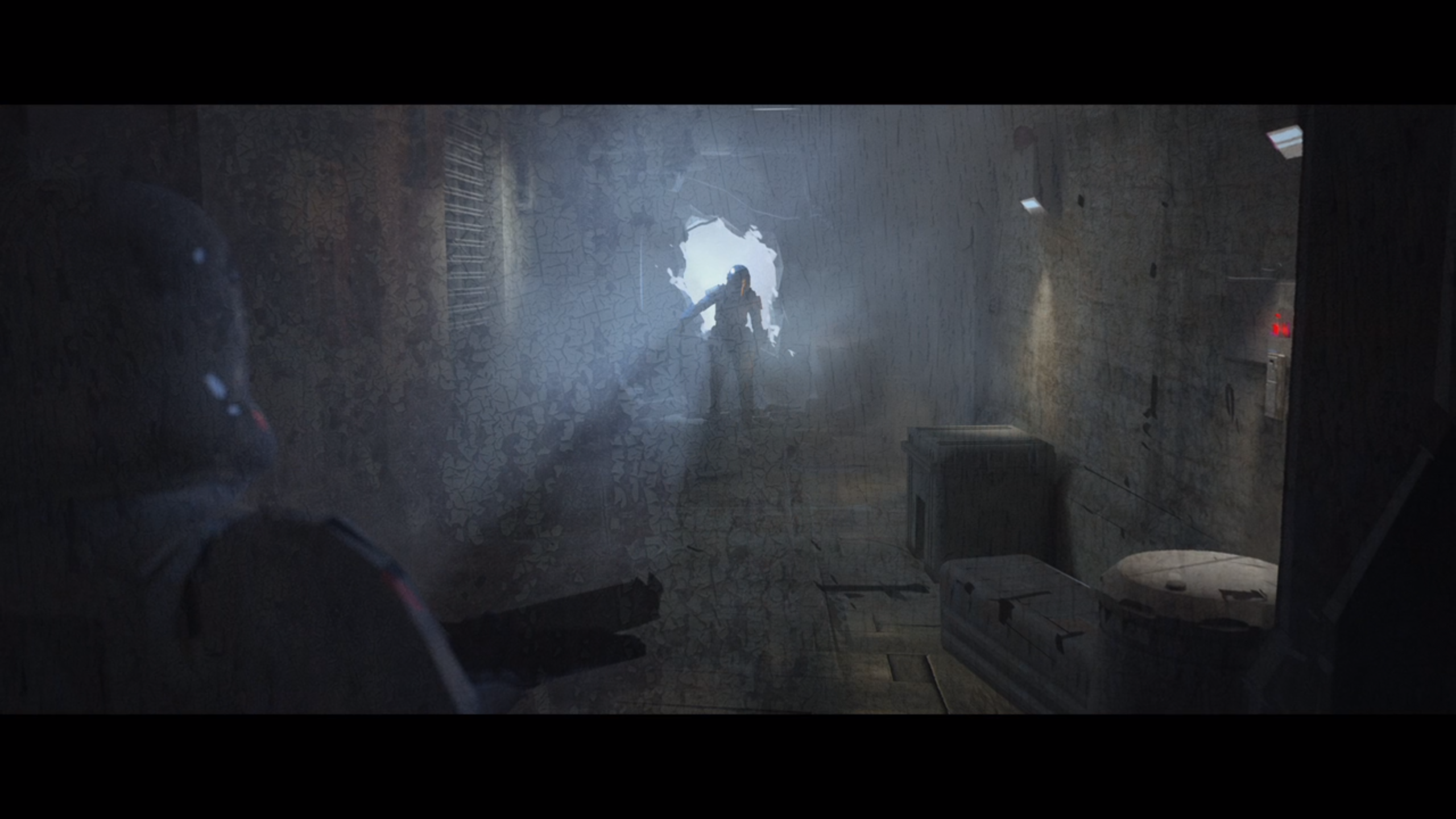 The Mandalorian in a destroyed hallway HD Wallpaper