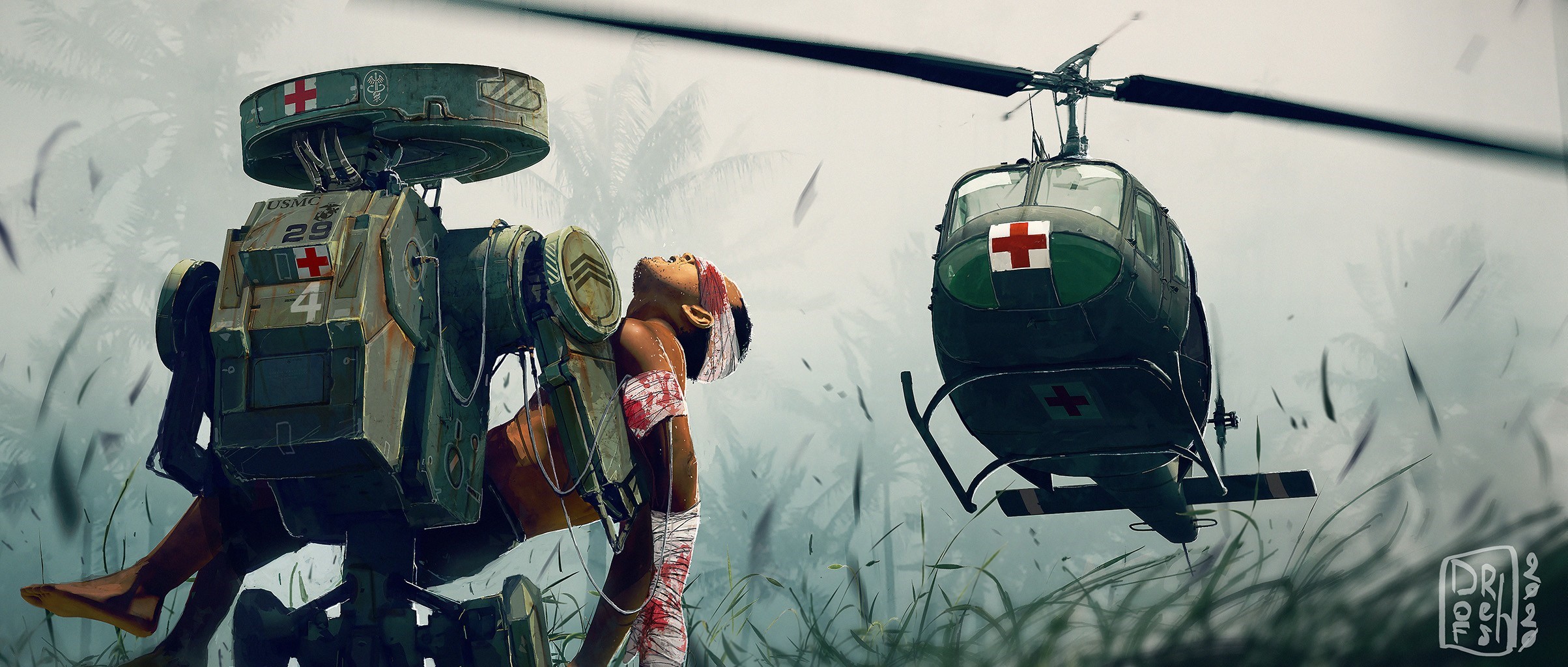 Robot carrying injured person near helicopter HD Wallpaper
