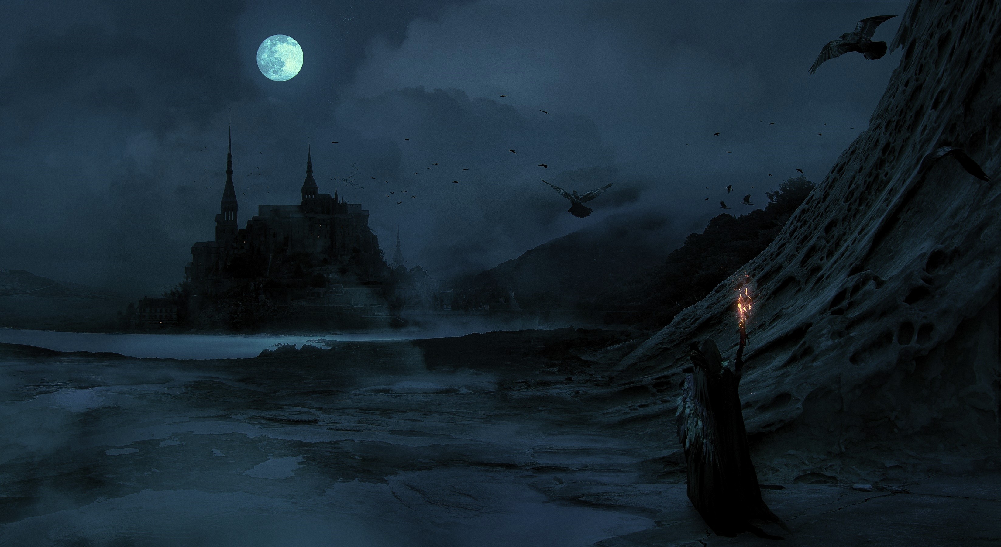 Fantasy castle by the sea under a full moon HD Wallpaper