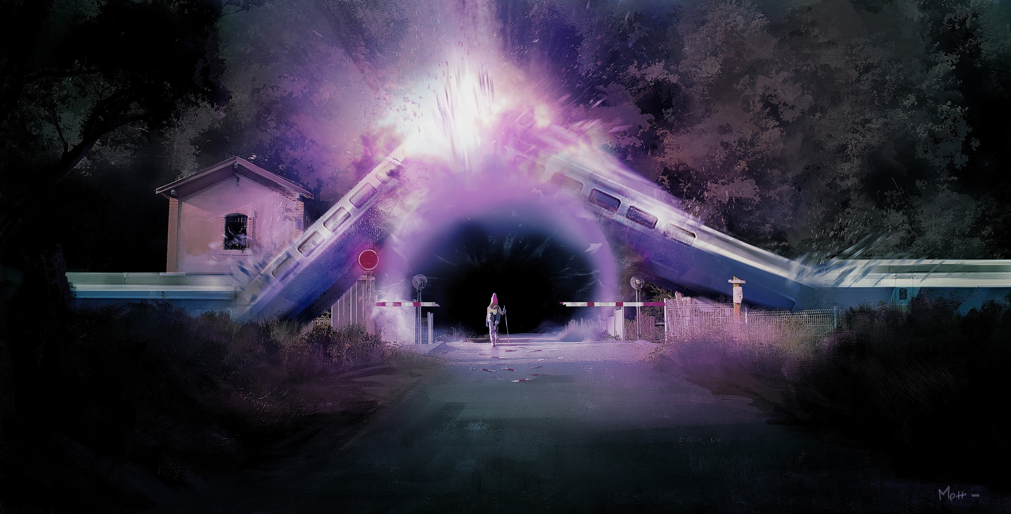 Person walking towards a glowing portal at a train crossing HD Wallpaper