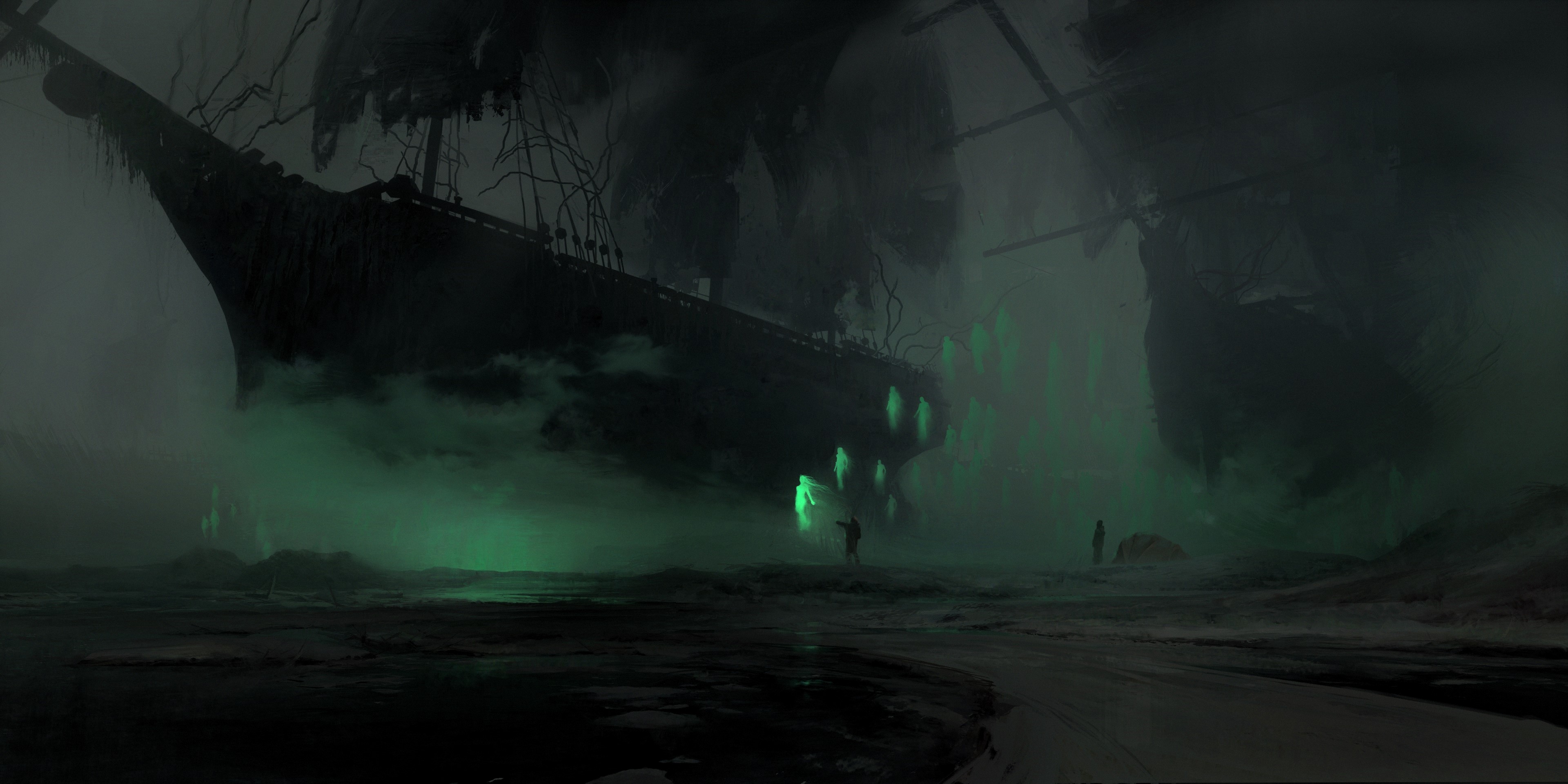 Ghost ship in spooky fog with glowing figures HD Wallpaper