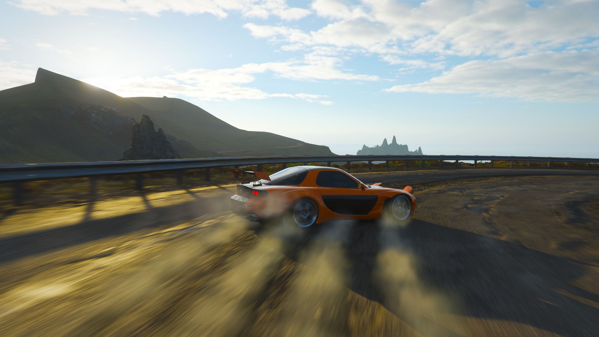Orange Mazda RX-7 FD drifting in Forza Horizon 4 at sunset HD Wallpaper