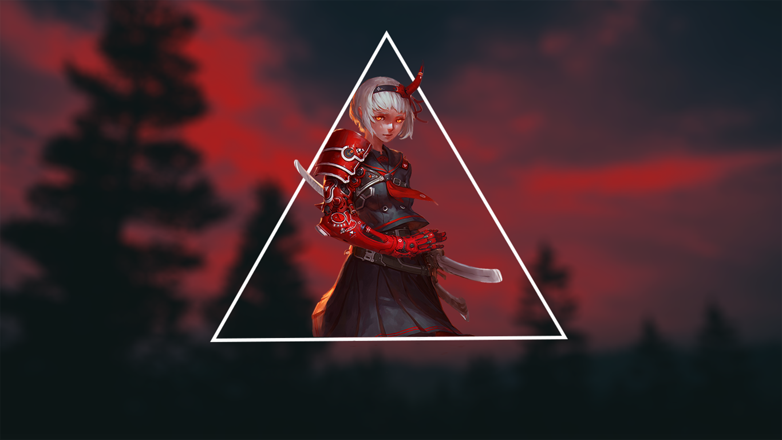 Anime samurai girl with red armor and horns HD Wallpaper