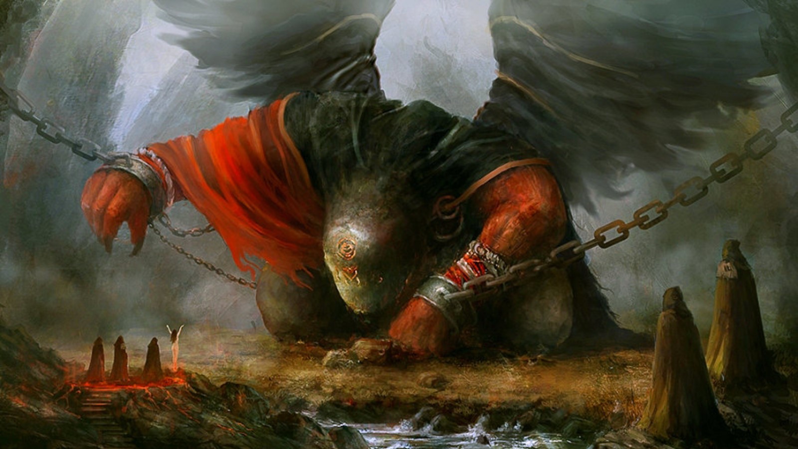Chained winged creature and cultists in a desolate landscape HD Wallpaper