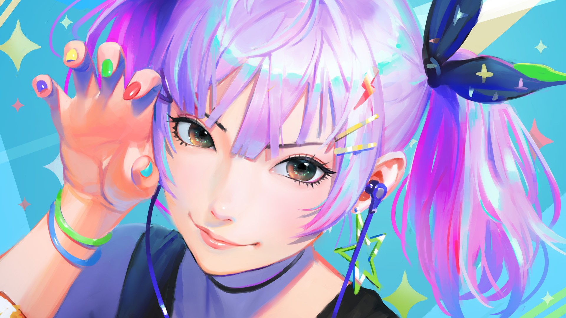 Anime girl with purple hair and headphones HD Wallpaper