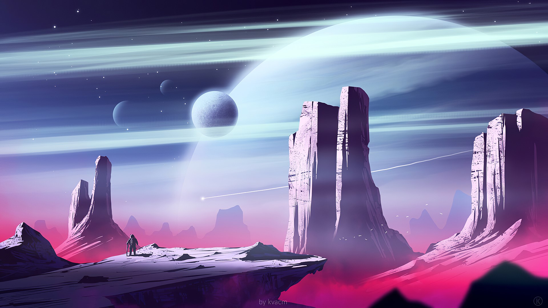 Astronaut on alien planet with moons and rings HD Wallpaper