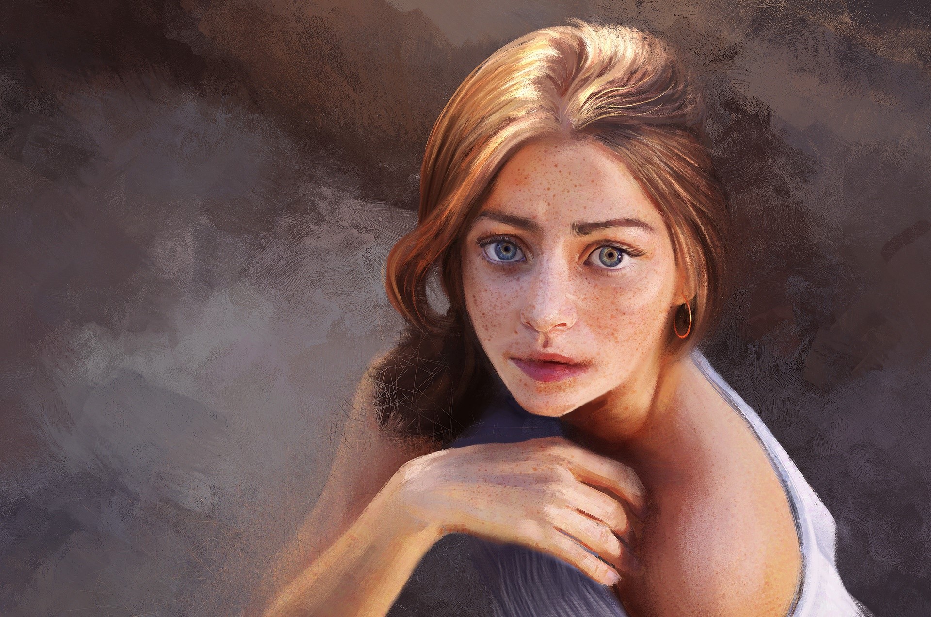 Artwork portrait of a young woman with freckles HD Wallpaper