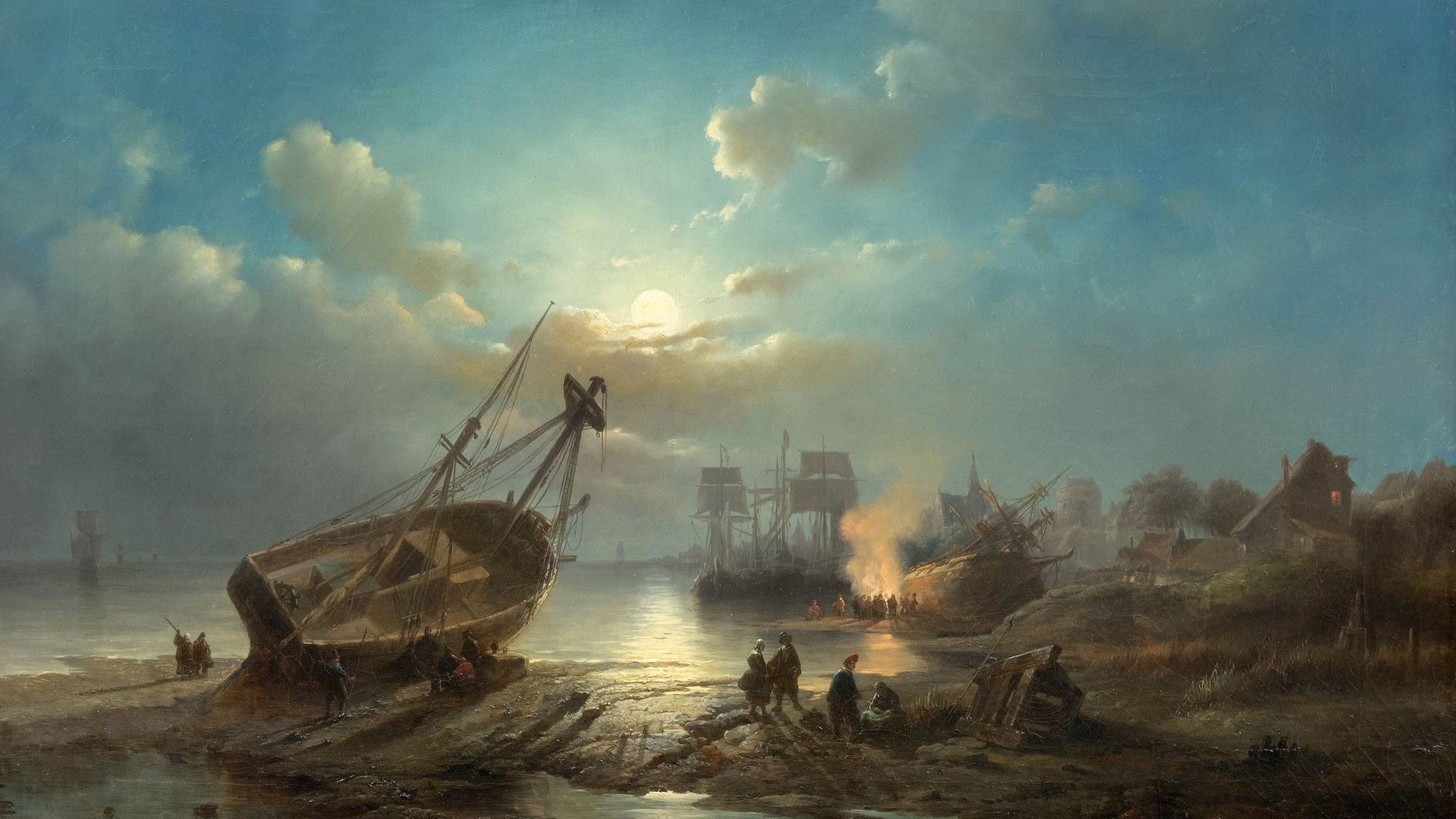 Shipwreck scene with figures on the shore and moonlit sky HD Wallpaper