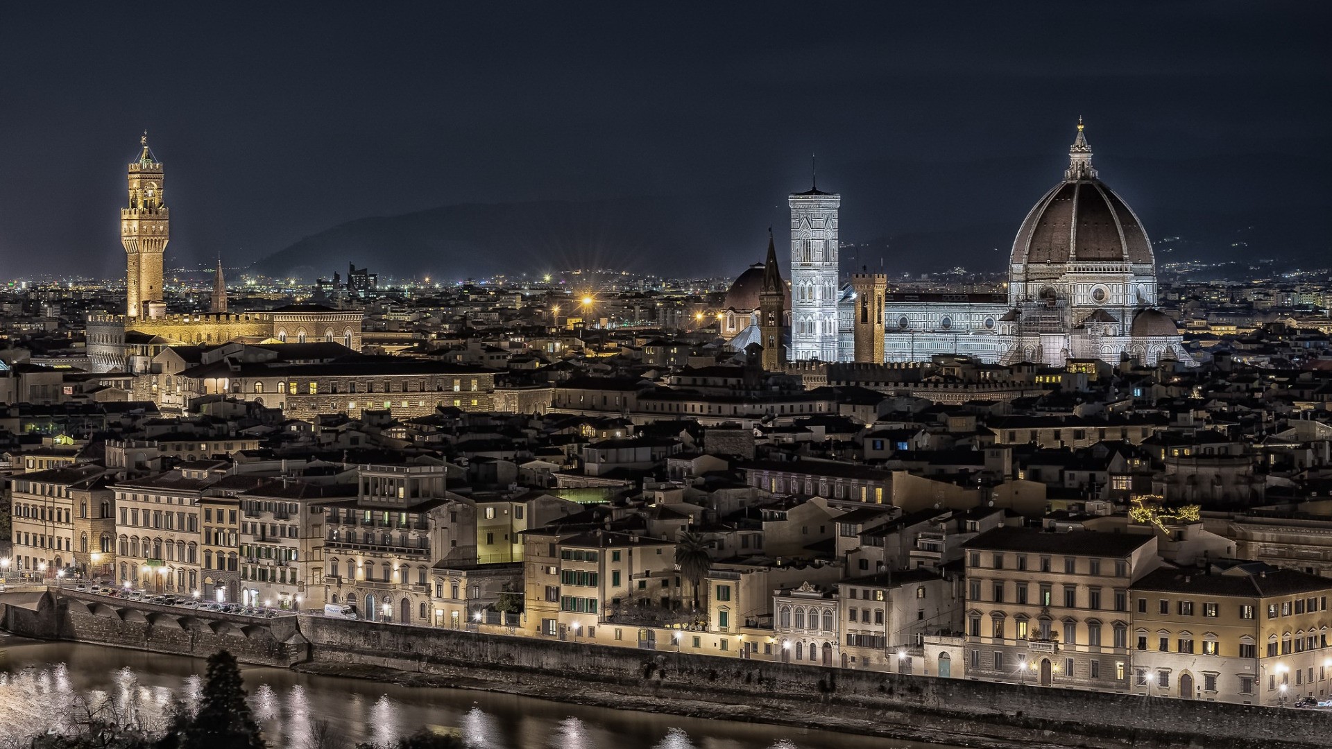Florence cityscape at night with Arno River and Duomo HD Wallpaper