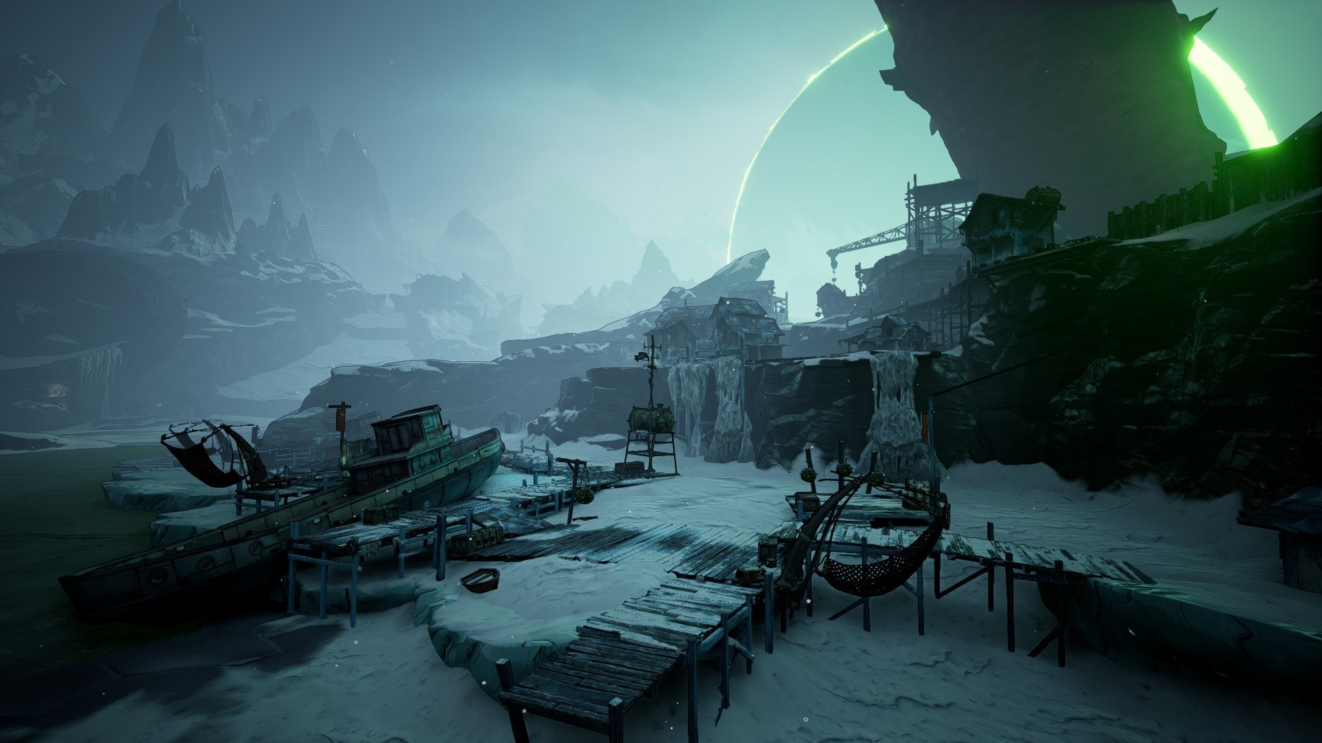 Borderlands 3 screenshot of a snowy port with shipwrecks HD Wallpaper