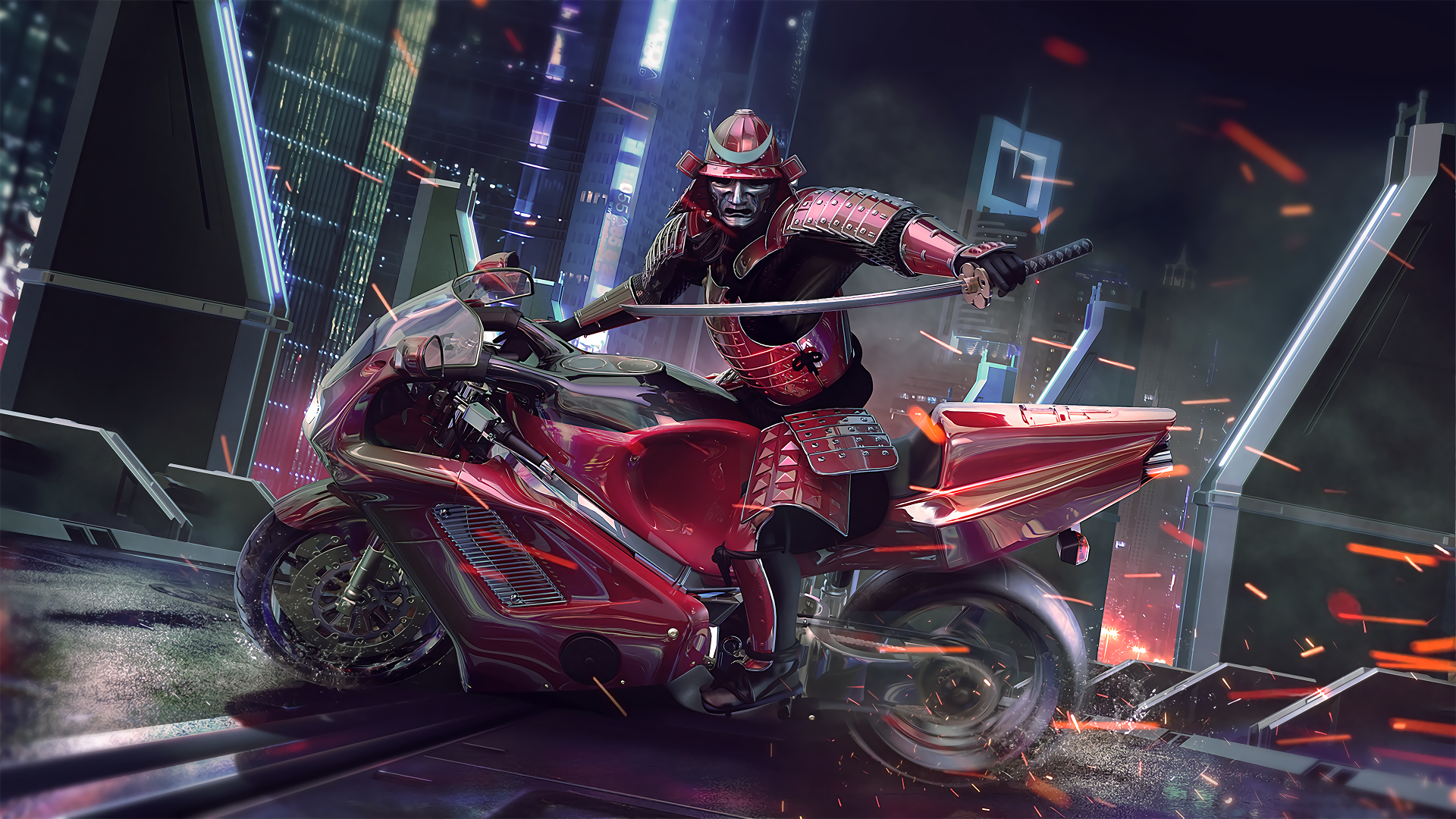 Samurai on a motorcycle with a katana in a futuristic city HD Wallpaper