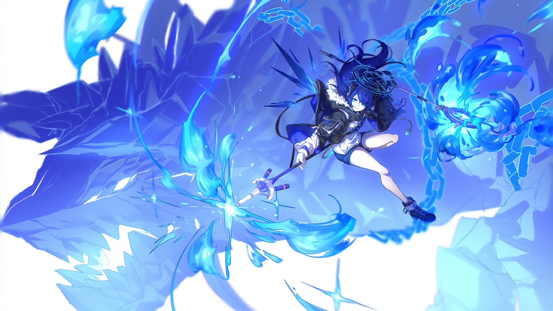 Anime girl with blue hair and staff HD Wallpaper