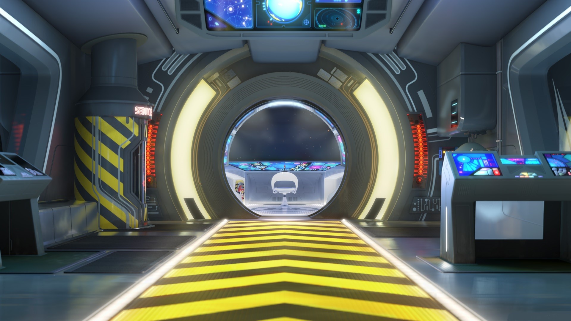 Sci-fi spaceship corridor with control panels and circular doorway HD Wallpaper