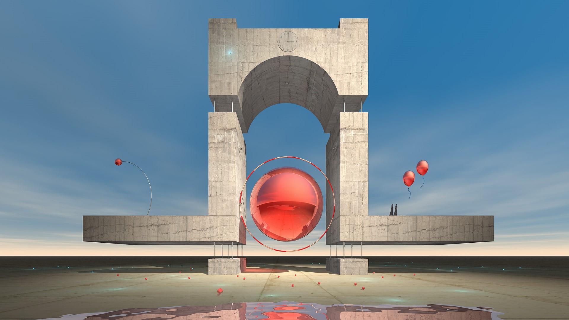 Surreal concrete structure with red sphere and balloons HD Wallpaper
