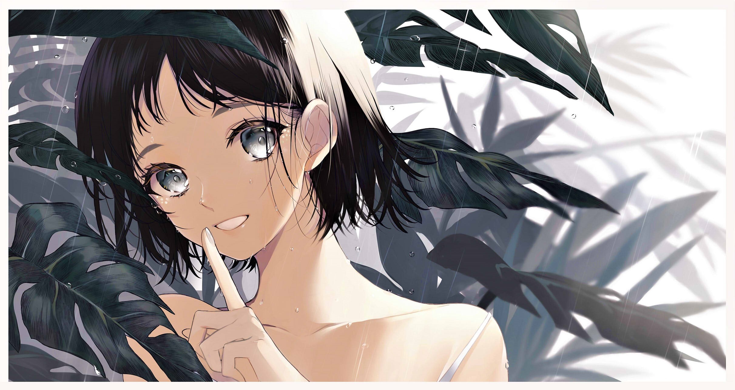 Anime girl with short black hair and gray eyes in the rain HD Wallpaper