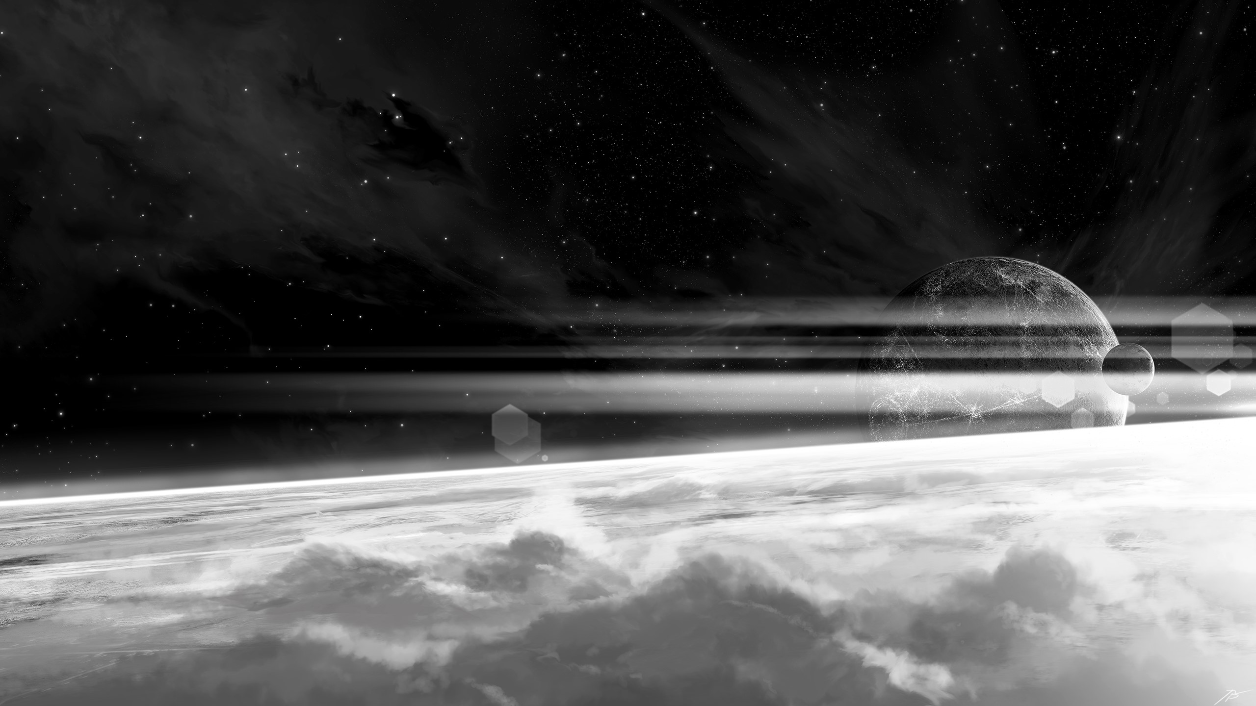 Monochrome space art with planets and clouds HD Wallpaper