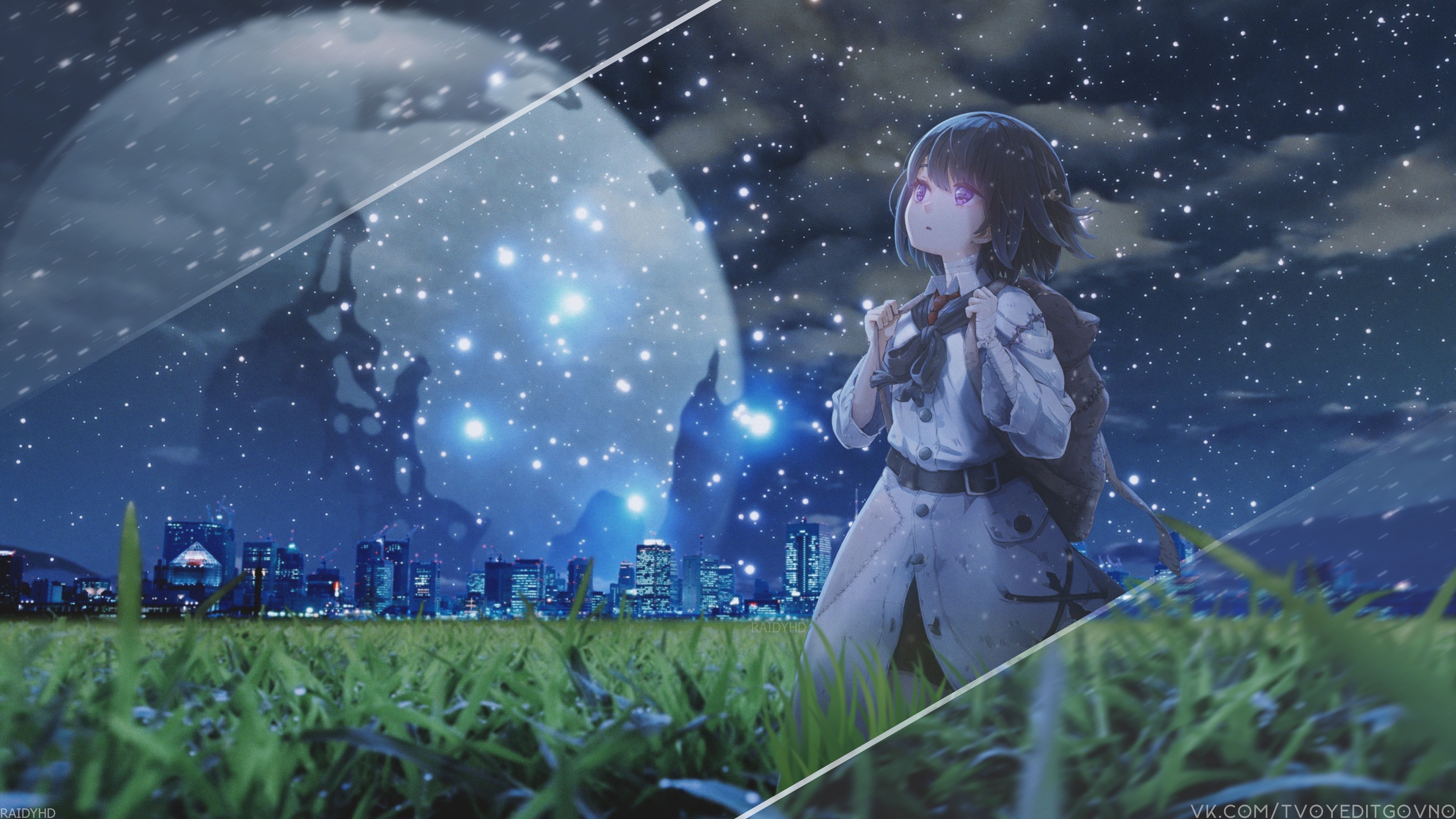 Anime girl under moonlight with city skyline HD Wallpaper