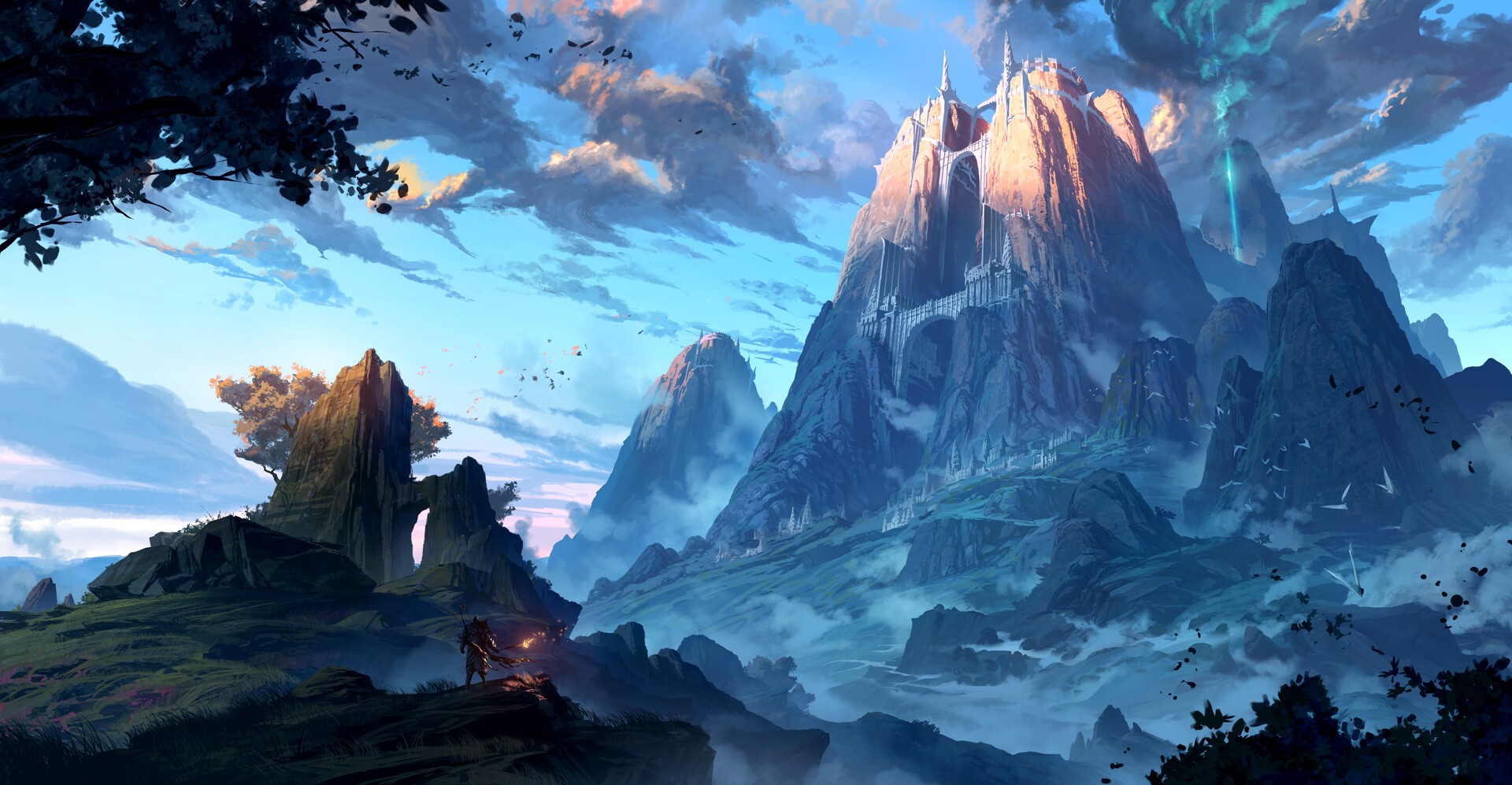 Fantasy castle on a mountain with a lone traveler HD Wallpaper